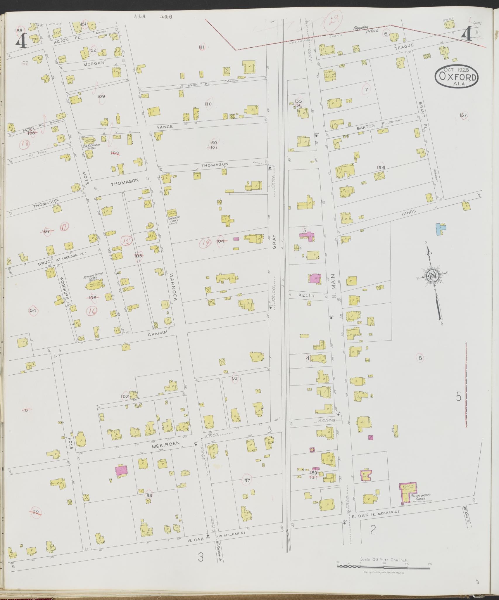 Sanborn Fire Insurance Map from Oxford, Calhoun County, Alabama (1928), Sheet #0004 - Historic Sanborn Fire Insurance Map Print, vintage old map wall art, antique decor, genealogy gift, Alabama Alabama map
