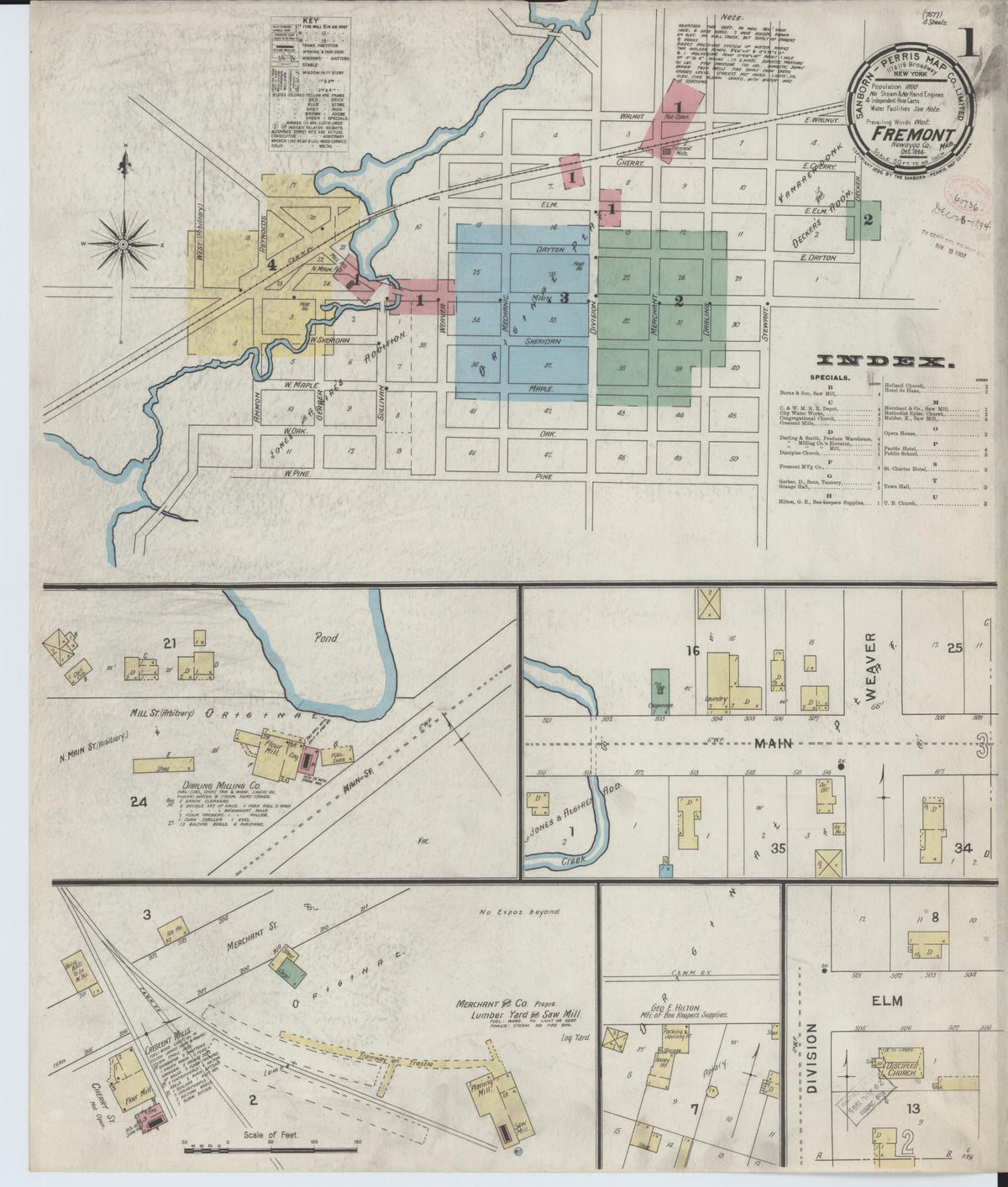 Sanborn Fire Insurance Map from Fremont, Newaygo County, Michigan (1894), Sheet #0001 - Historic Sanborn Fire Insurance Map Print, vintage old map wall art, antique decor, genealogy gift, Michigan Michigan map