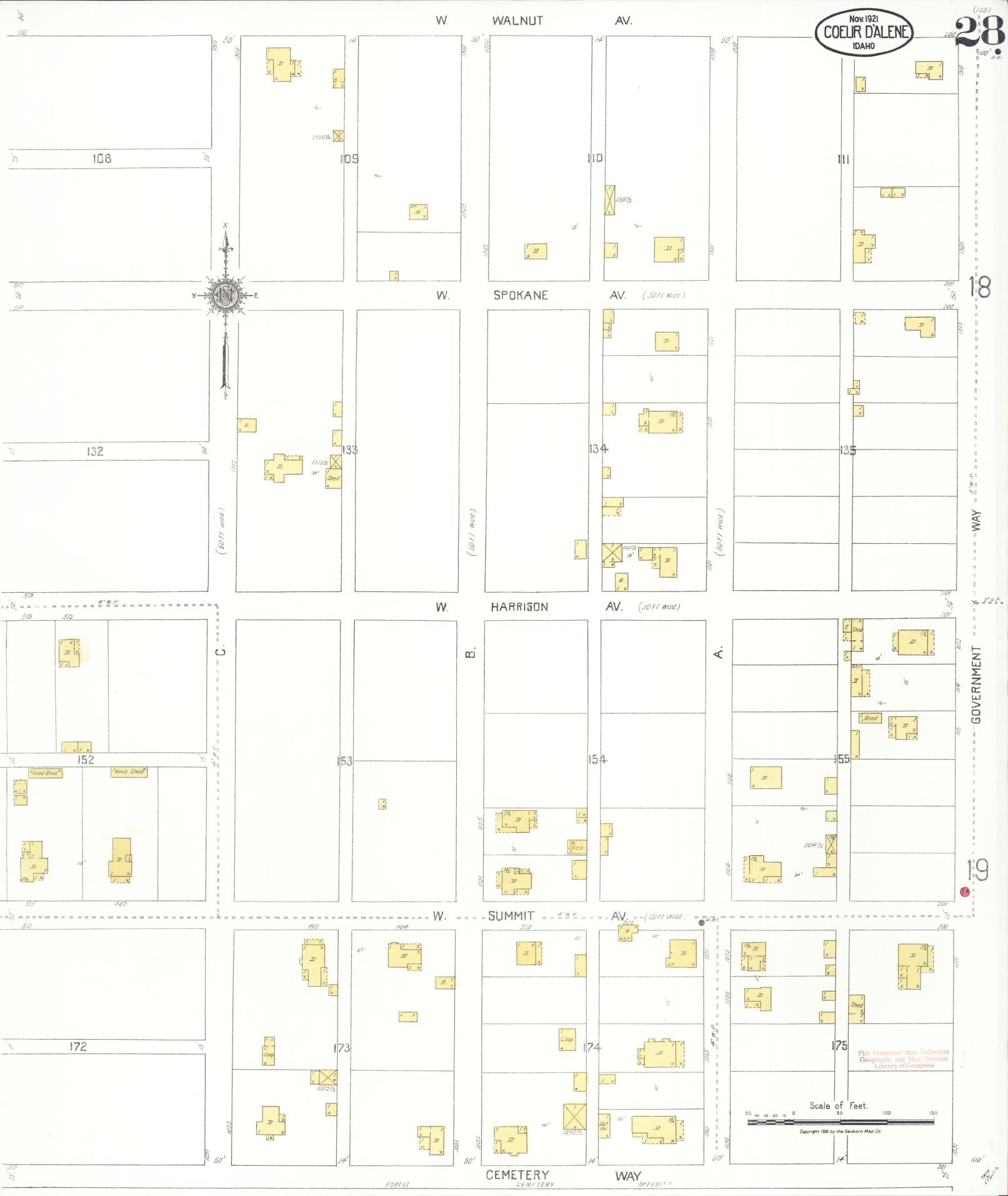 Sanborn Fire Insurance Map from Coeur D'alene, Kootenai County, Idaho (1921), Sheet #0028 - Complete Map Set gallery image, historic Sanborn map, vintage wall art, Idaho Idaho
