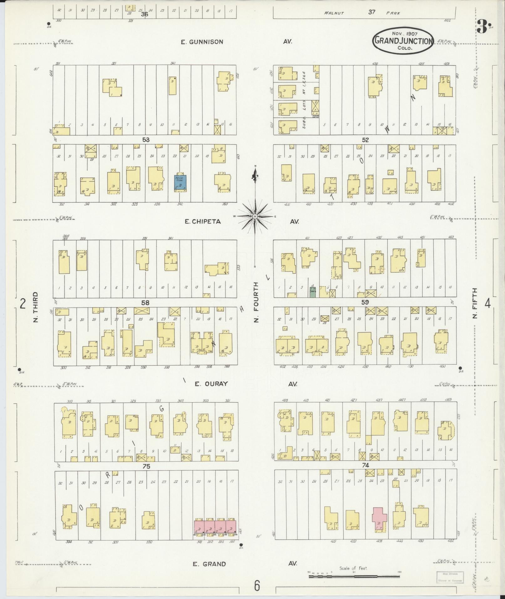 Sanborn Fire Insurance Map from Grand Junction, Mesa County, Colorado (1907), Sheet #0003 - Historic Sanborn Fire Insurance Map Print, vintage old map wall art, antique decor, genealogy gift, Colorado Colorado map