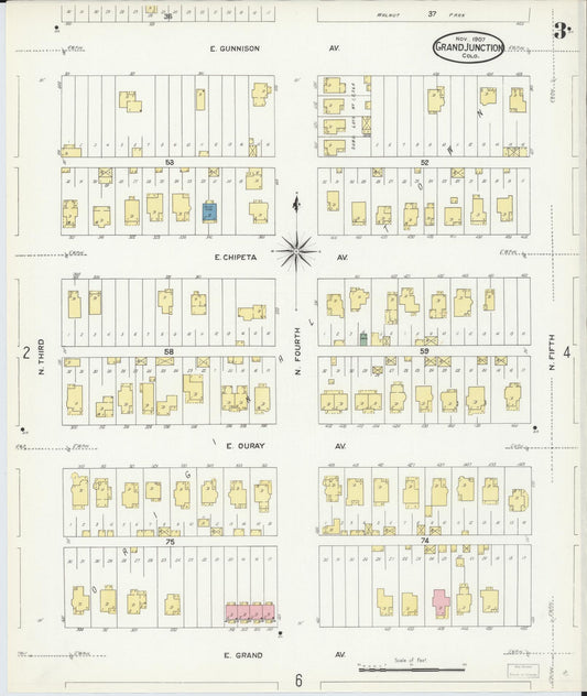 Sanborn Fire Insurance Map from Grand Junction, Mesa County, Colorado (1907), Sheet #0003 - Historic Sanborn Fire Insurance Map Print, vintage old map wall art, antique decor, genealogy gift, Colorado Colorado map