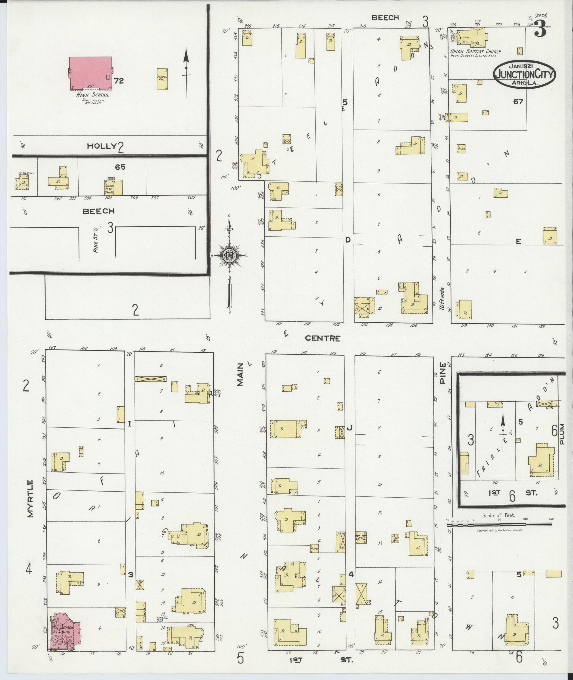 Sanborn Fire Insurance Map from Junction City, Union County, Arkansas (1921), Sheet #0003 - Historic Sanborn Fire Insurance Map Print, vintage old map wall art, antique decor, genealogy gift, Arkansas Arkansas map