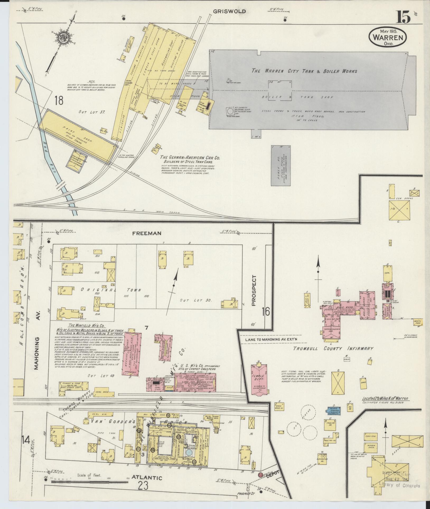 Sanborn Fire Insurance Map from Warren, Trumbull County, Ohio (1915), Sheet #0015 - Historic Sanborn Fire Insurance Map Print, vintage old map wall art, antique decor, genealogy gift, Ohio Ohio map