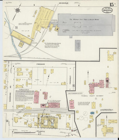 Sanborn Fire Insurance Map from Warren, Trumbull County, Ohio (1915), Sheet #0015 - Historic Sanborn Fire Insurance Map Print, vintage old map wall art, antique decor, genealogy gift, Ohio Ohio map