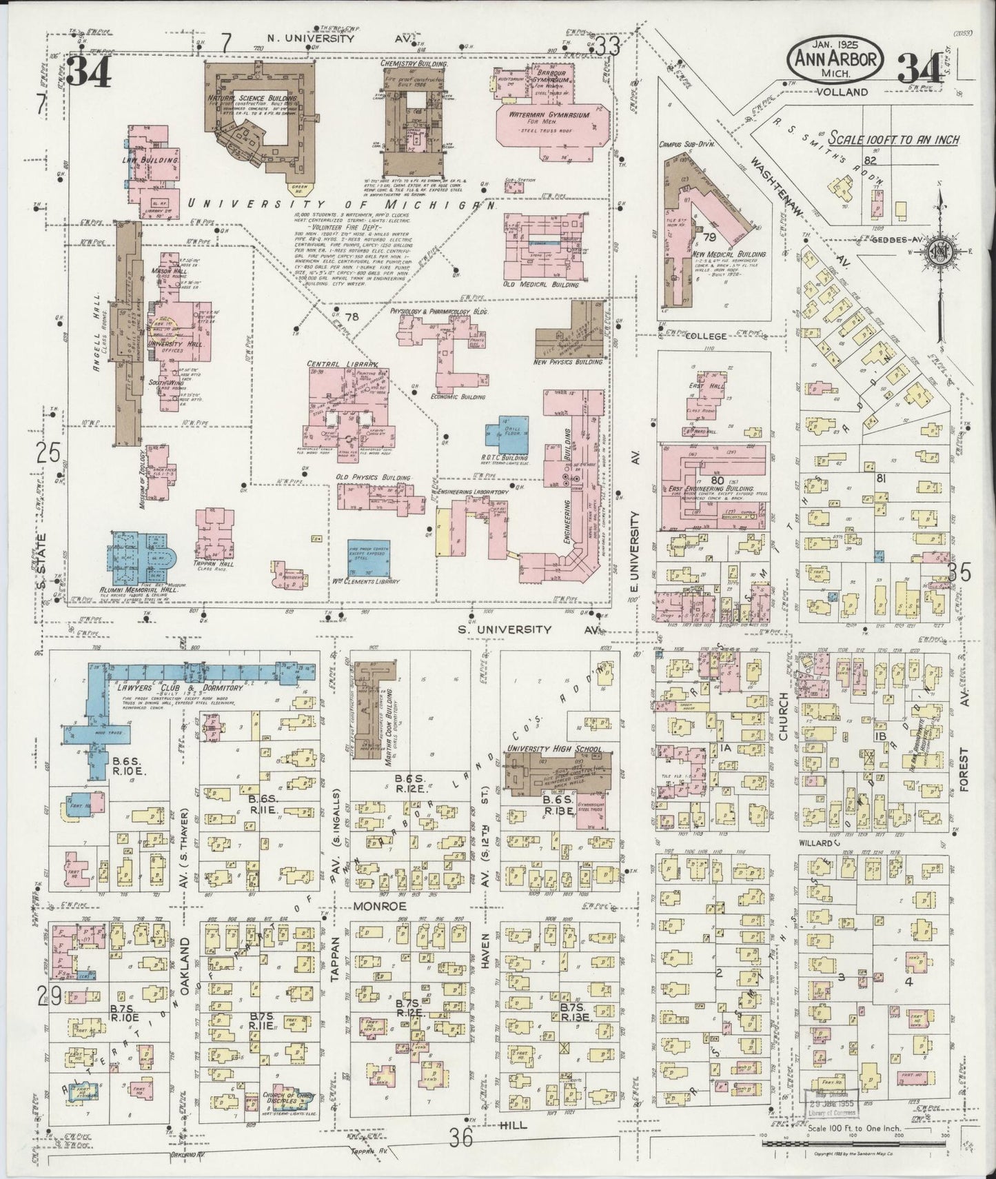 Sanborn Fire Insurance Map from Ann Arbor, Washtenaw County, Michigan (1925), Sheet #0034 - Historic Sanborn Fire Insurance Map Print, vintage old map wall art, antique decor, genealogy gift, Michigan Michigan map