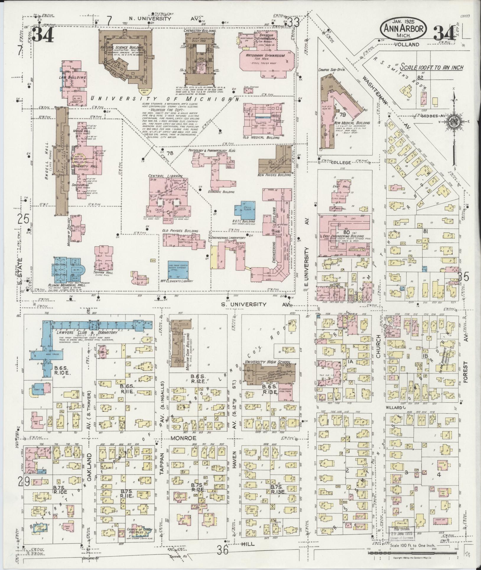 Sanborn Fire Insurance Map from Ann Arbor, Washtenaw County, Michigan (1925), Sheet #0034 - Historic Sanborn Fire Insurance Map Print, vintage old map wall art, antique decor, genealogy gift, Michigan Michigan map