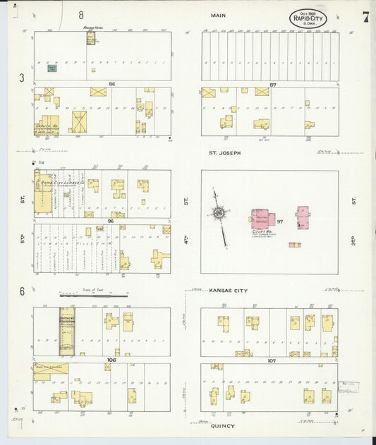 Sanborn Fire Insurance Map from Rapid City, Pennington County, South Dakota (1909), Sheet #0007 - Historic Sanborn Fire Insurance Map Print, vintage old map wall art, antique decor, genealogy gift, South Dakota South Dakota map