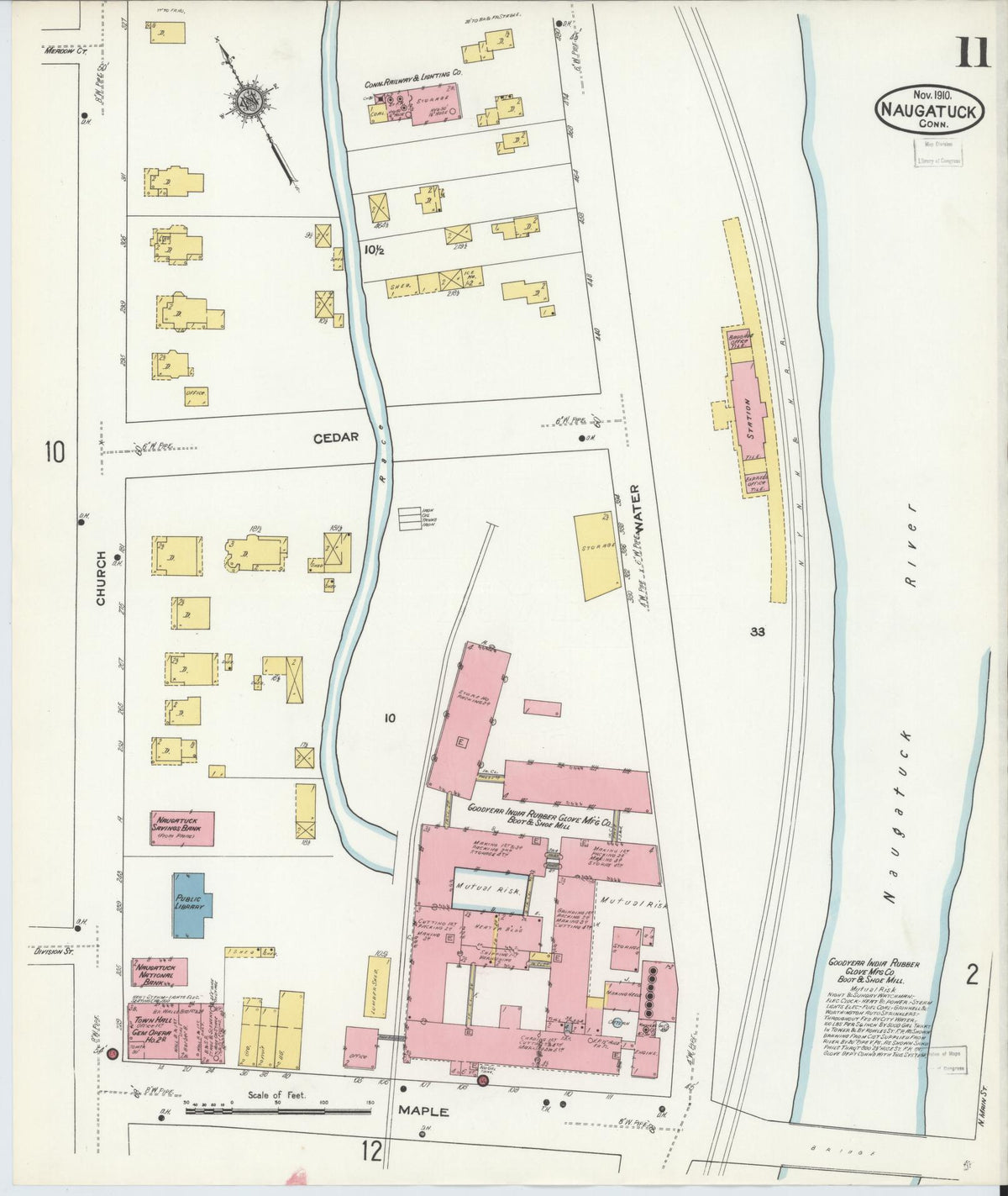 Sanborn Fire Insurance Map from Naugatuck, New Haven County, Connecticut (1910), Sheet #0011 - Historic Sanborn Fire Insurance Map Print, vintage old map wall art, antique decor, genealogy gift, Connecticut Connecticut map