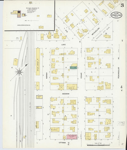 Sanborn Fire Insurance Map from Grayling, Crawford County, Michigan (1909), Sheet #0003 - Complete Map Set gallery image, historic Sanborn map, vintage wall art, Michigan Michigan