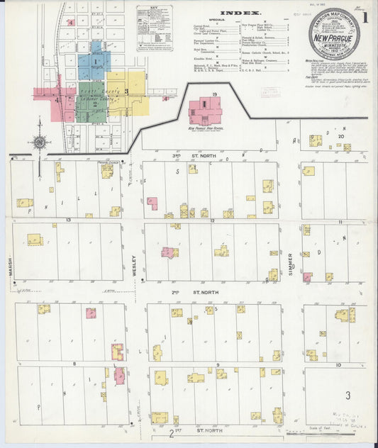 Sanborn Fire Insurance Map from New Prague, Scott And Le Sueur, Minnesota (1910), Sheet #0001 - Historic Sanborn Fire Insurance Map Print, vintage old map wall art, antique decor, genealogy gift, Minnesota Minnesota map