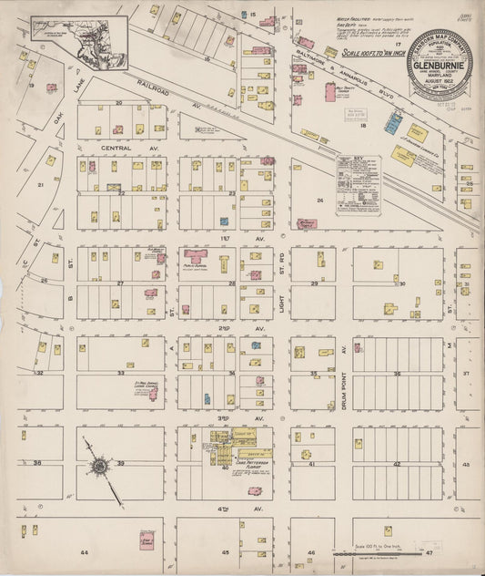 Sanborn Fire Insurance Map from Glen Burnie, Anne Arundel County, Maryland (1922), Sheet #0001 - Historic Sanborn Fire Insurance Map Print, vintage old map wall art, antique decor, genealogy gift, Maryland Maryland map