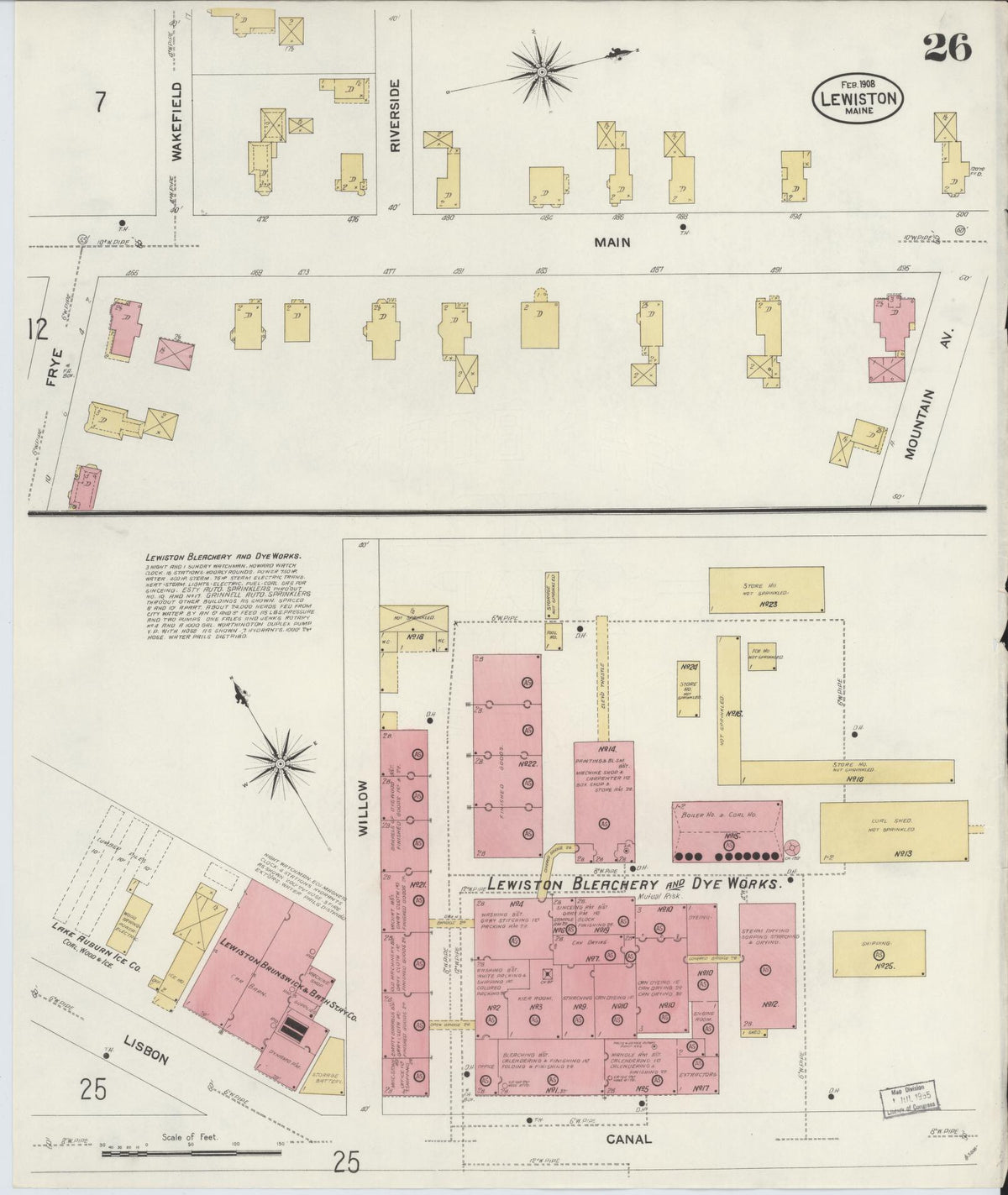Sanborn Fire Insurance Map from Lewiston, Androscoggin County, Maine (1908), Sheet #0026 - Complete Map Set gallery image, historic Sanborn map, vintage wall art, Maine Maine