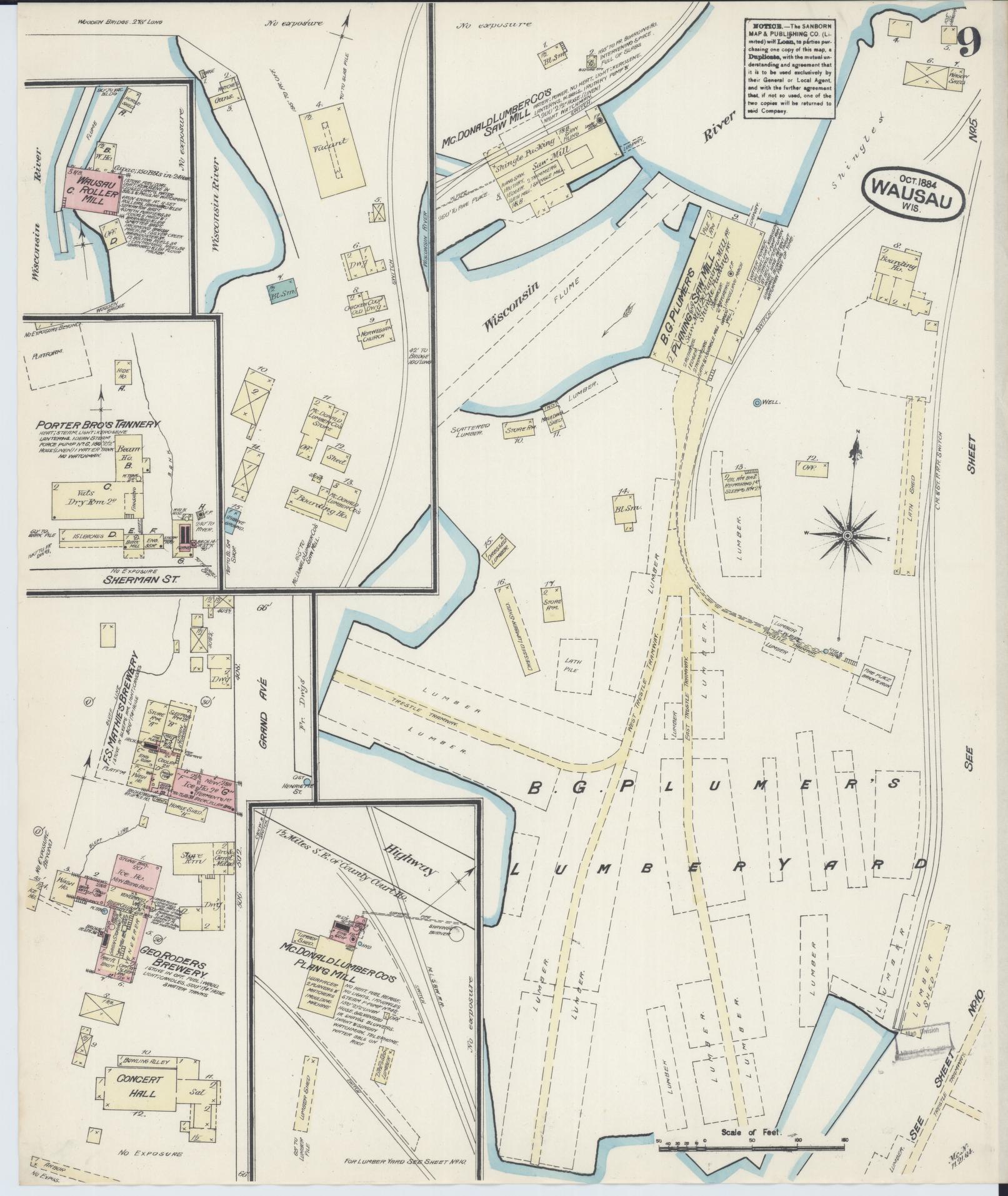 Sanborn Fire Insurance Map from Wausau, Marathon County, Wisconsin (1884), Sheet #0009 - Historic Sanborn Fire Insurance Map Print, vintage old map wall art, antique decor, genealogy gift, Wisconsin Wisconsin map