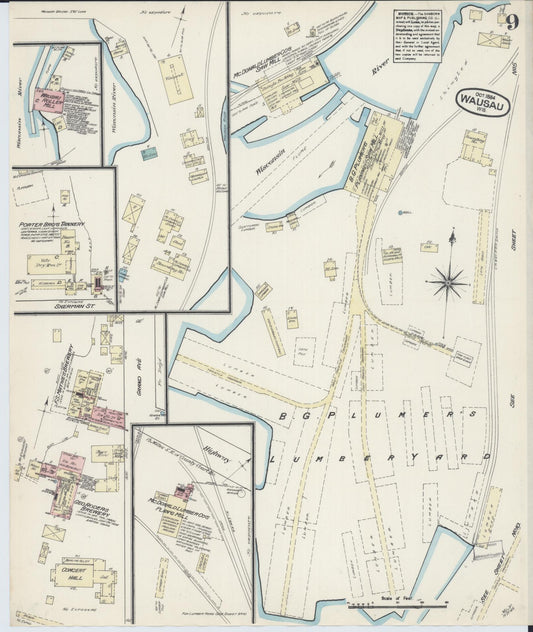 Sanborn Fire Insurance Map from Wausau, Marathon County, Wisconsin (1884), Sheet #0009 - Historic Sanborn Fire Insurance Map Print, vintage old map wall art, antique decor, genealogy gift, Wisconsin Wisconsin map