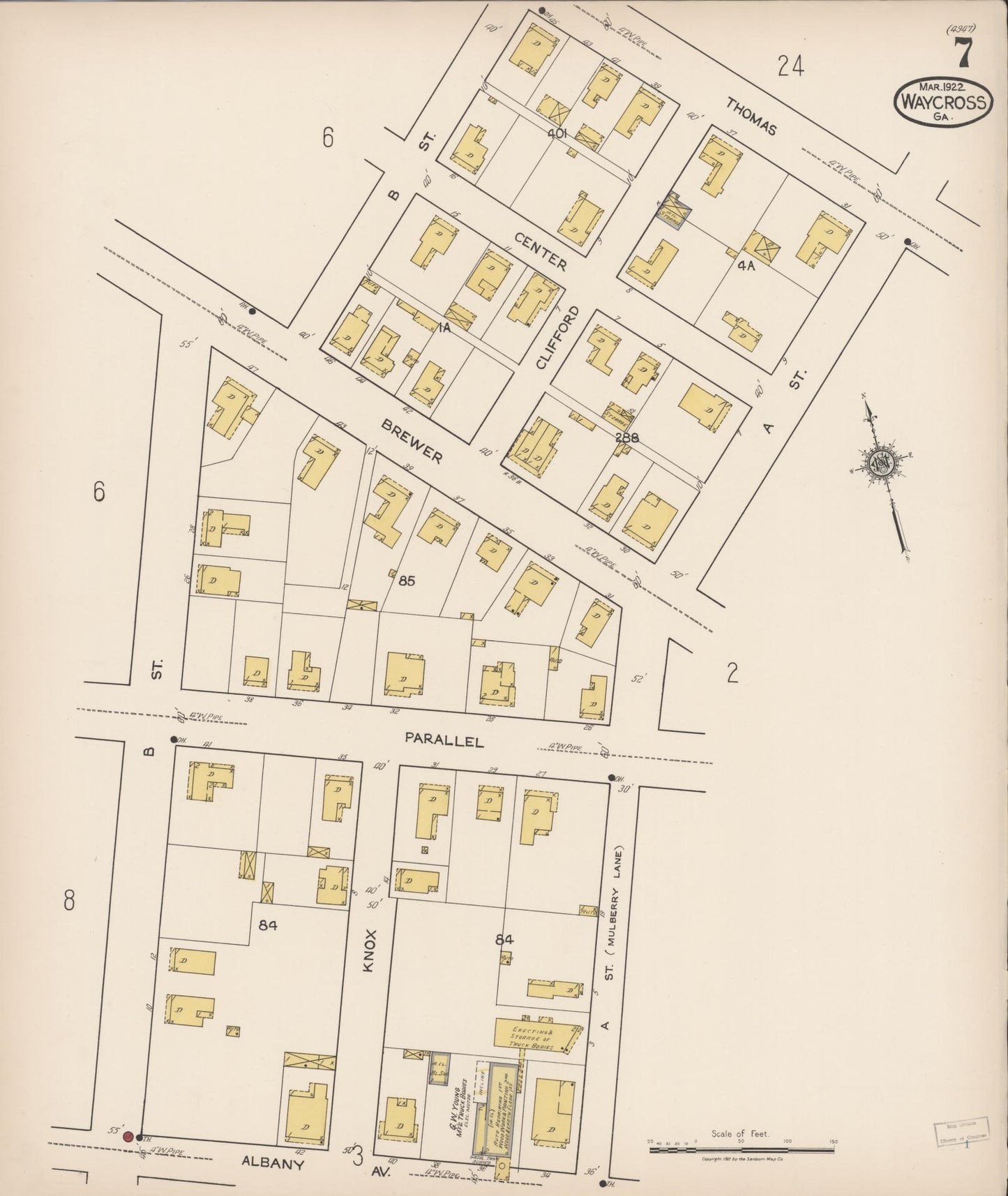 Sanborn Fire Insurance Map from Waycross, Ware County, Georgia (1922), Sheet #0007 - Complete Map Set gallery image, historic Sanborn map, vintage wall art, Georgia Georgia