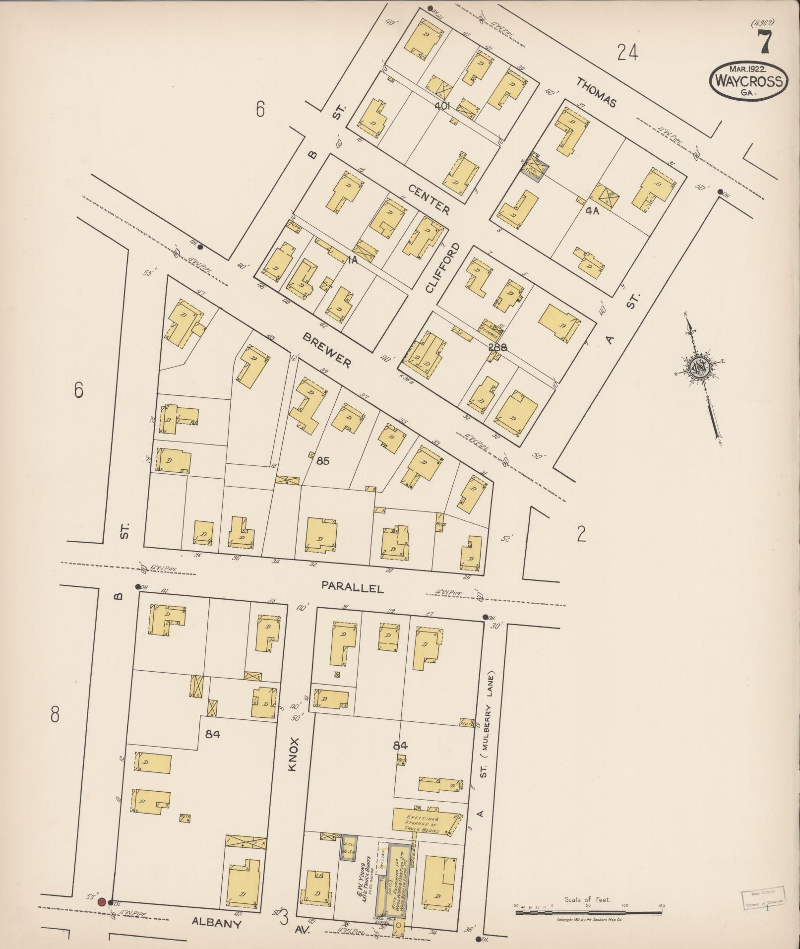 Sanborn Fire Insurance Map from Waycross, Ware County, Georgia (1922), Sheet #0007 - Complete Map Set gallery image, historic Sanborn map, vintage wall art, Georgia Georgia