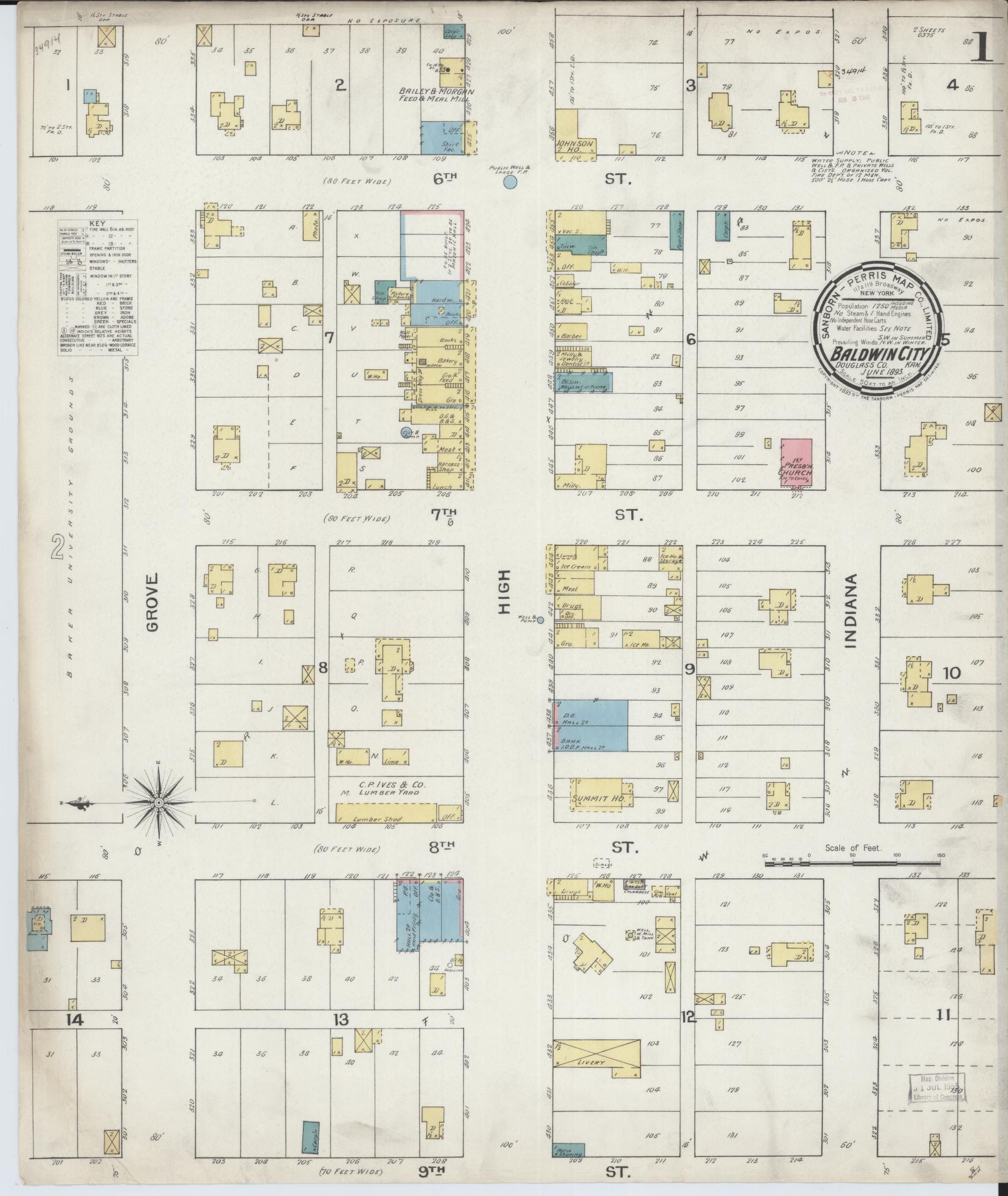 Sanborn Fire Insurance Map from Baldwin City, Douglas County, Kansas (1893), Sheet #0001 - Historic Sanborn Fire Insurance Map Print, vintage old map wall art, antique decor, genealogy gift, Kansas Kansas map