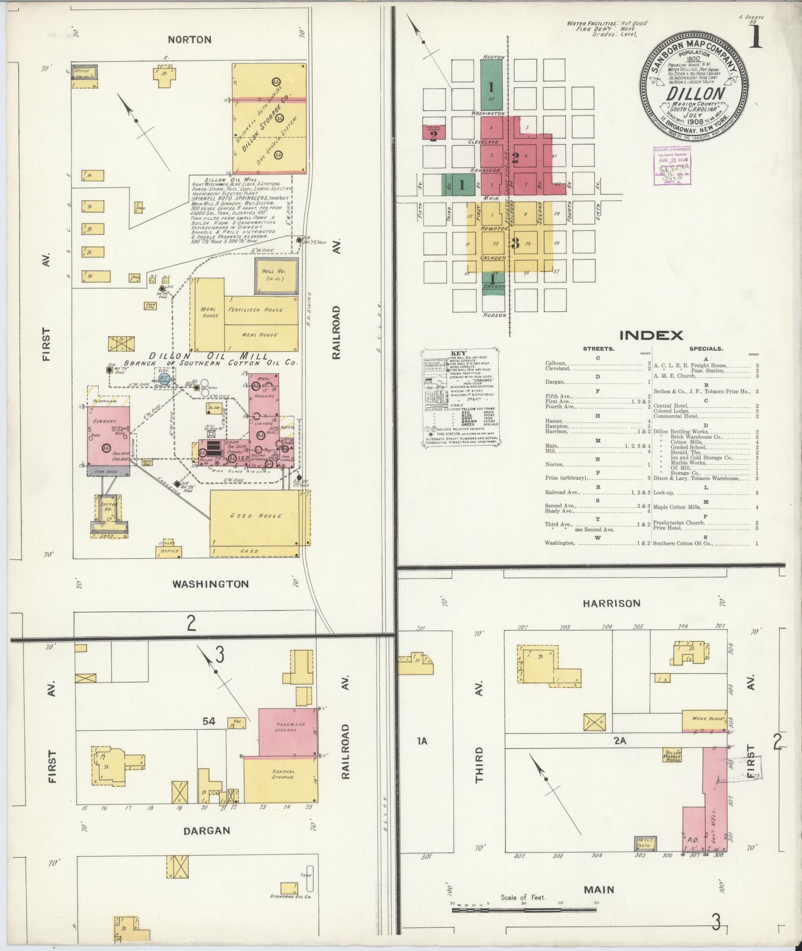 Sanborn Fire Insurance Map from Dillon, Dillon County, South Carolina (1908), Sheet #0001 - Historic Sanborn Fire Insurance Map Print, vintage old map wall art, antique decor, genealogy gift, South Carolina South Carolina map