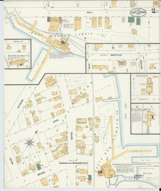 Sanborn Fire Insurance Map from East Jordan, Charlevoix County, Michigan (1901), Sheet #0002 - Historic Sanborn Fire Insurance Map Print, vintage old map wall art, antique decor, genealogy gift, Michigan Michigan map