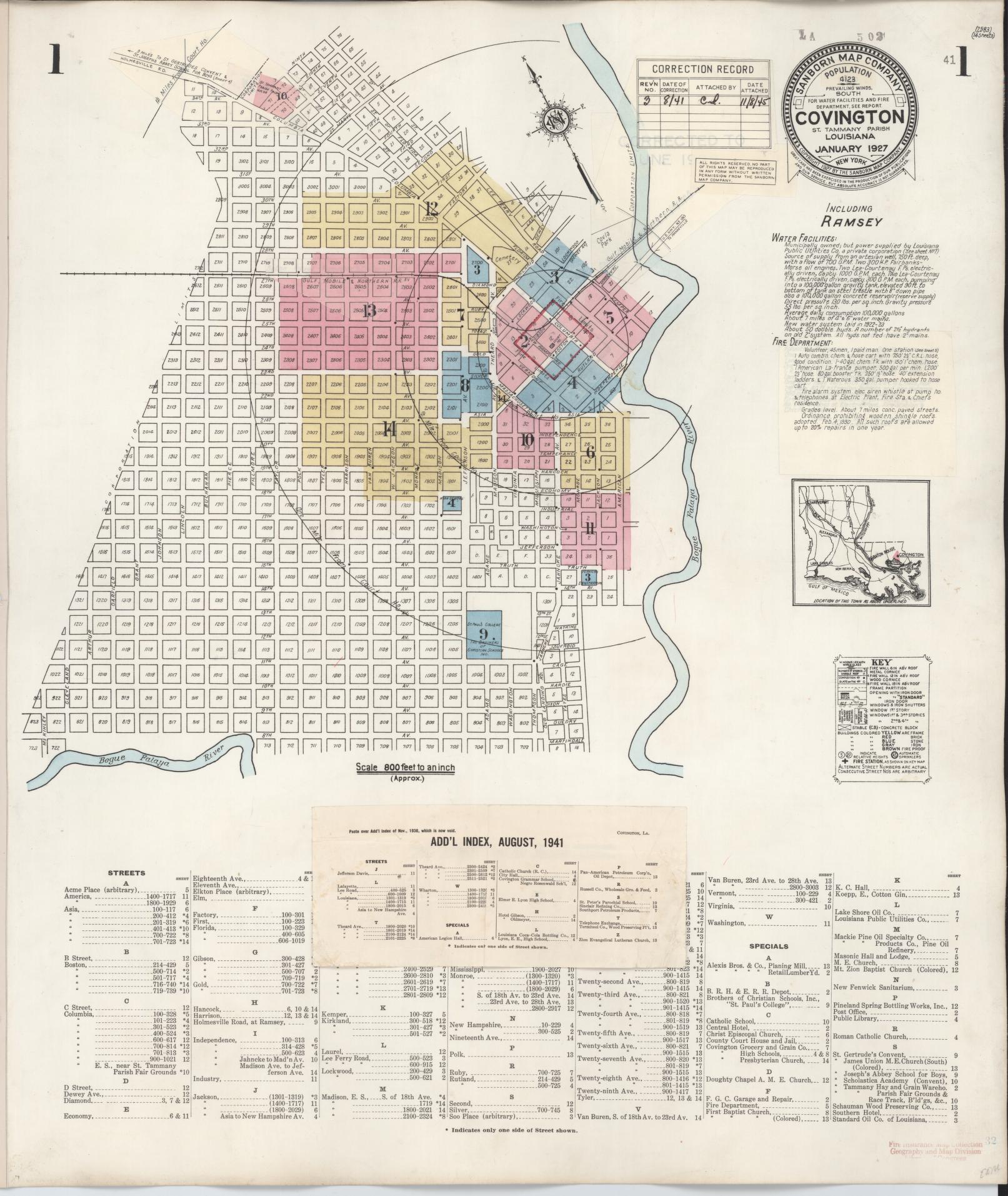 Sanborn Fire Insurance Map from Covington, Saint Tammany Parish, Louisiana (1941), Sheet #0001 - Historic Sanborn Fire Insurance Map Print, vintage old map wall art, antique decor, genealogy gift, Louisiana Louisiana map