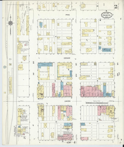 Sanborn Fire Insurance Map from Oakes, Dickey County, North Dakota (1914), Sheet #0002 - Complete Map Set gallery image, historic Sanborn map, vintage wall art, North Dakota North Dakota