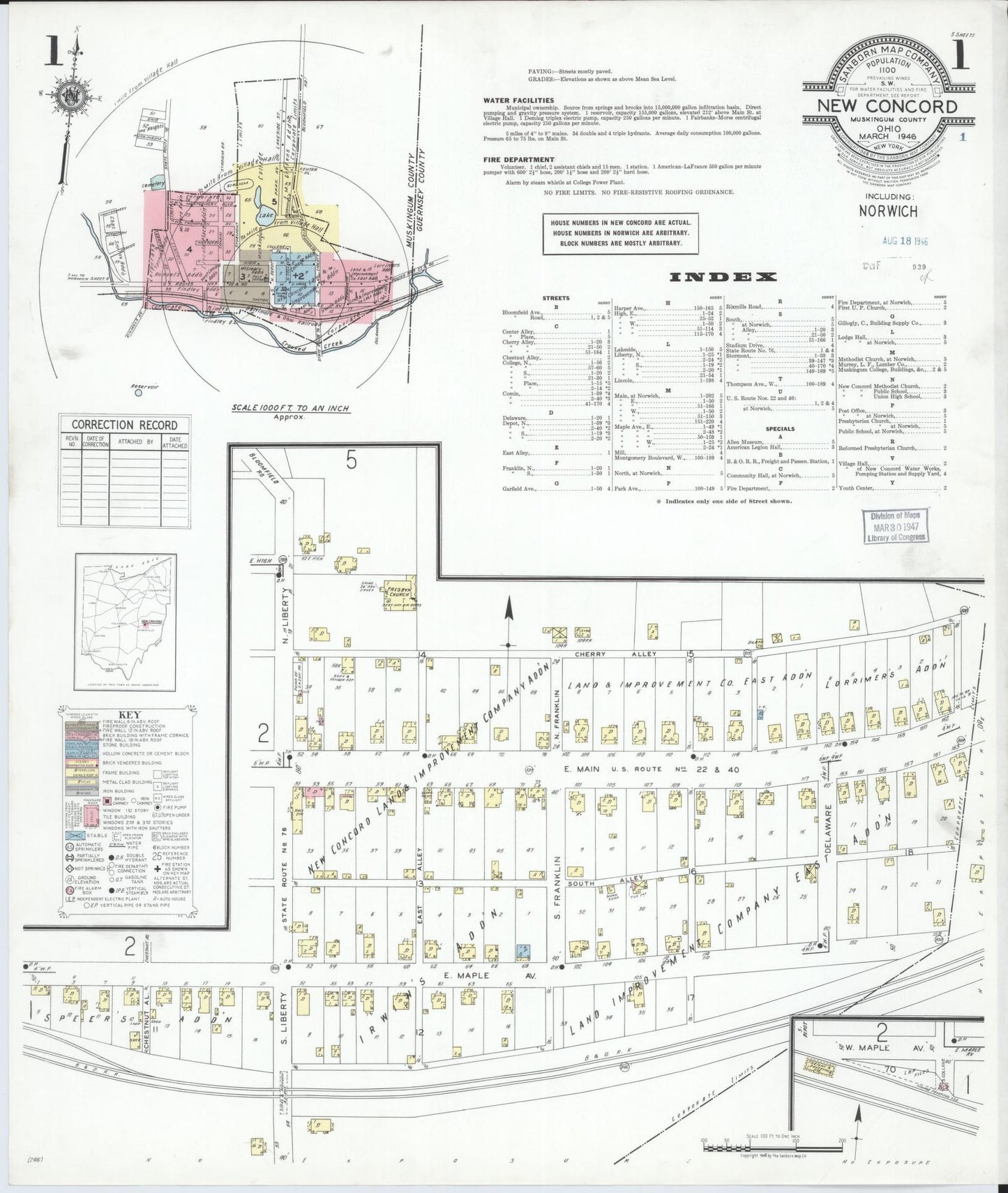 Sanborn Fire Insurance Map from New Concord, Muskingum County, Ohio (1946), Sheet #0001 - Complete Map Set gallery image, historic Sanborn map, vintage wall art, Ohio Ohio