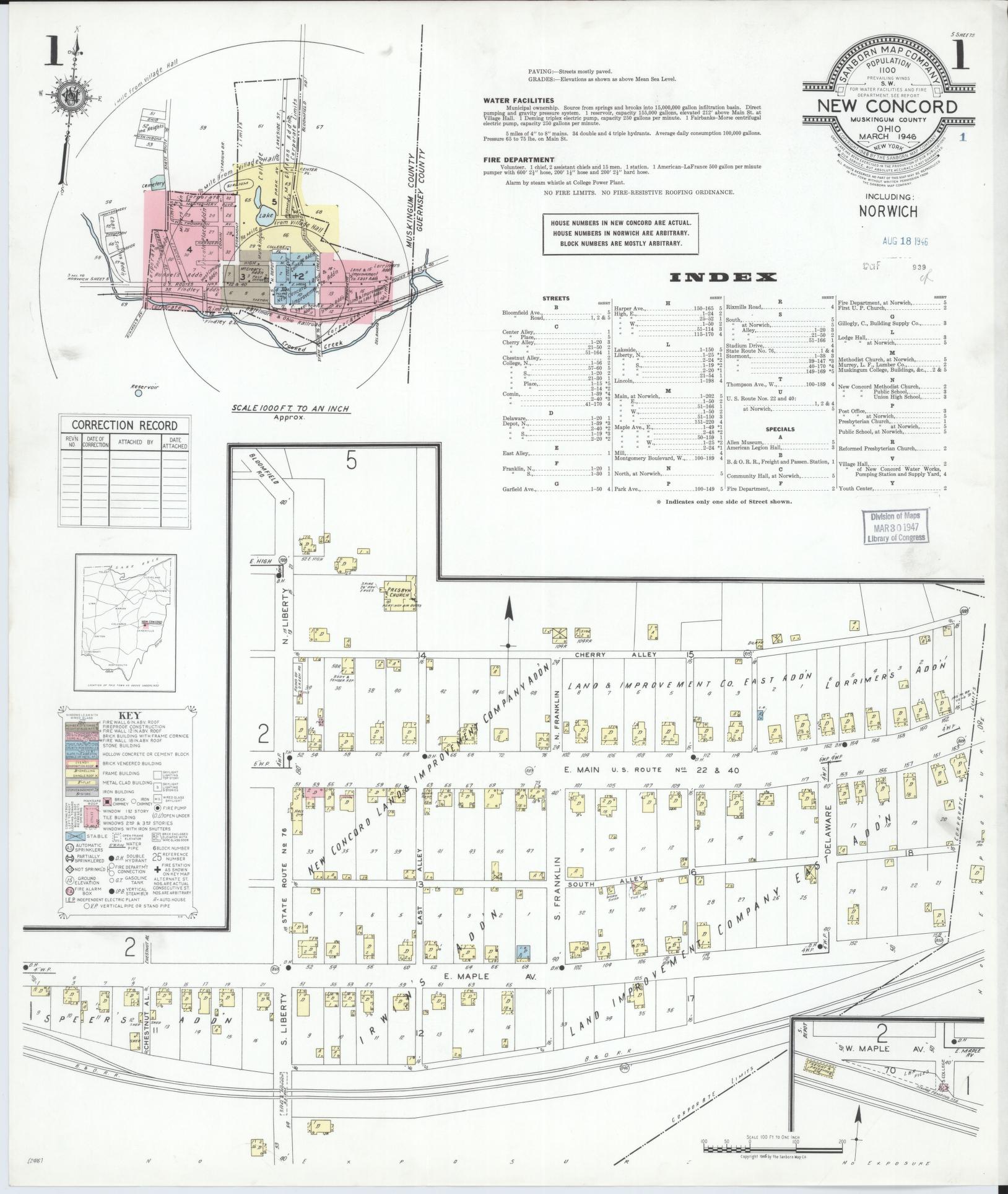 Sanborn Fire Insurance Map from New Concord, Muskingum County, Ohio (1946), Sheet #0001 - Complete Map Set gallery image, historic Sanborn map, vintage wall art, Ohio Ohio