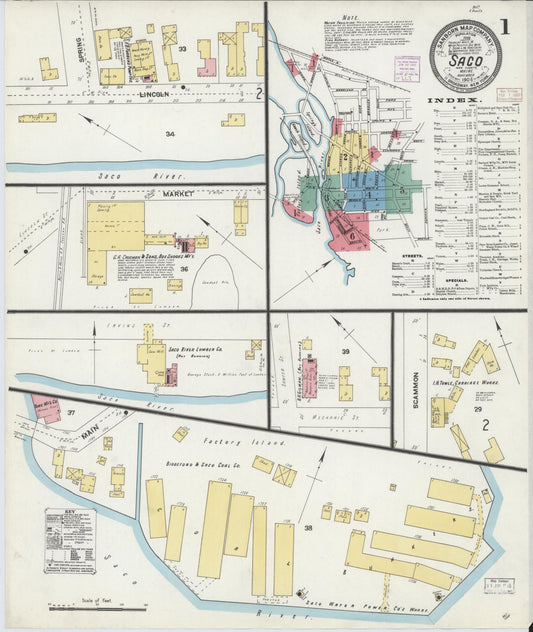 Sanborn Fire Insurance Map from Saco, York County, Maine (1906), Sheet #0001 - Historic Sanborn Fire Insurance Map Print, vintage old map wall art, antique decor, genealogy gift, Maine Maine map