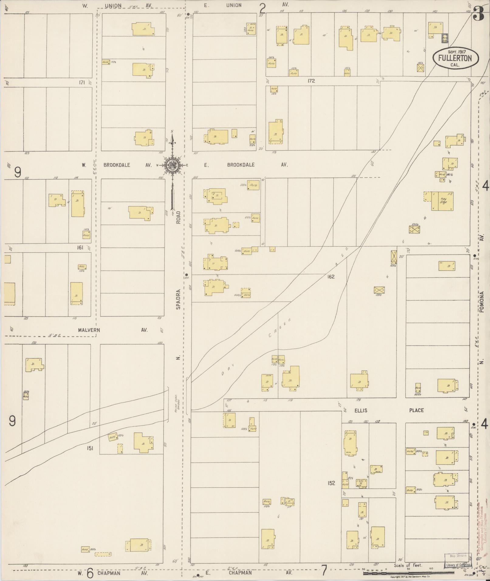 Sanborn Fire Insurance Map from Fullerton, Orange County, California (1917), Sheet #0003 - Historic Sanborn Fire Insurance Map Print, vintage old map wall art, antique decor, genealogy gift, California California map