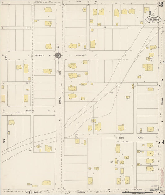 Sanborn Fire Insurance Map from Fullerton, Orange County, California (1917), Sheet #0003 - Historic Sanborn Fire Insurance Map Print, vintage old map wall art, antique decor, genealogy gift, California California map