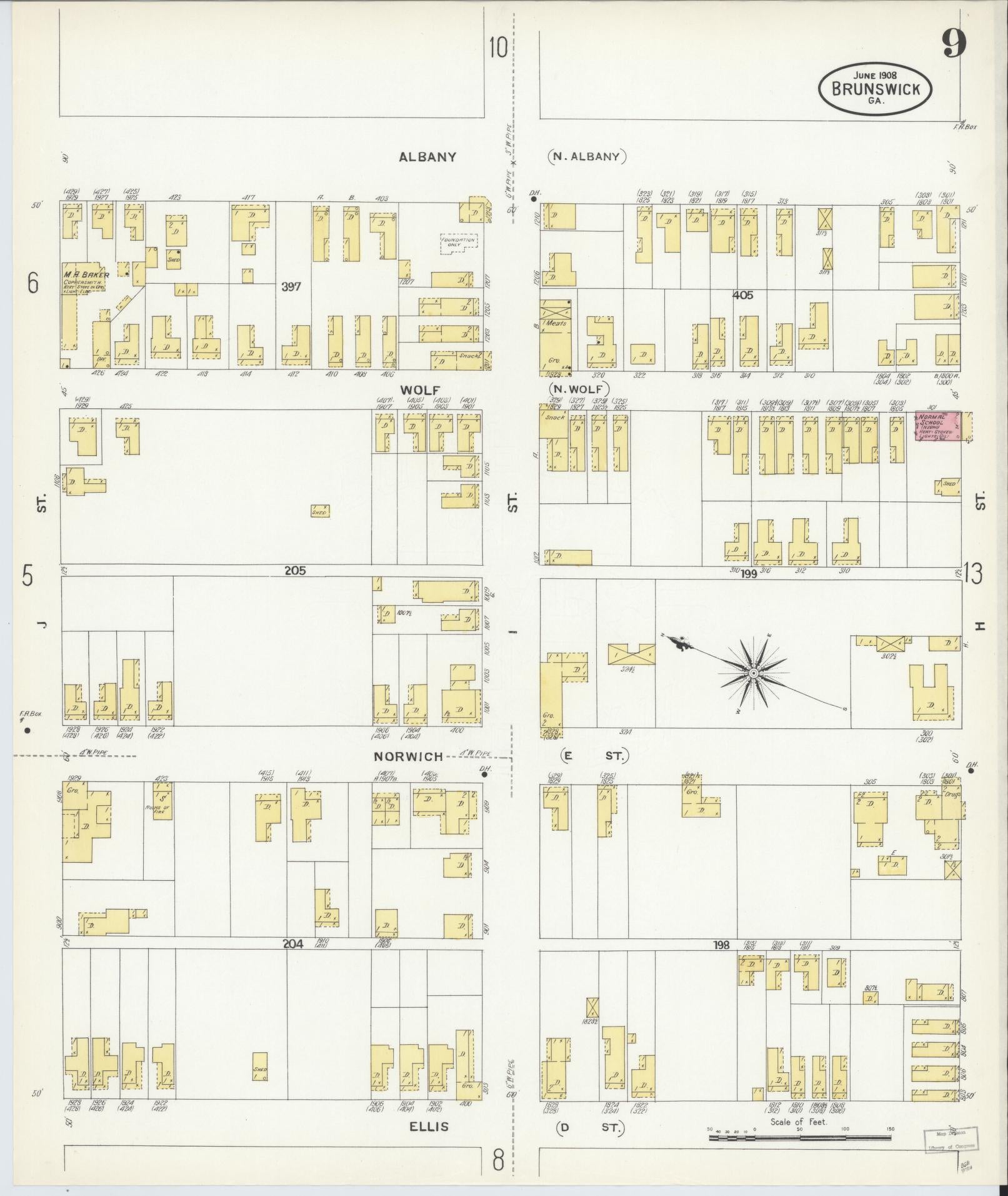 Sanborn Fire Insurance Map from Brunswick, Glynn County, Georgia (1908), Sheet #0009 - Historic Sanborn Fire Insurance Map Print, vintage old map wall art, antique decor, genealogy gift, Georgia Georgia map