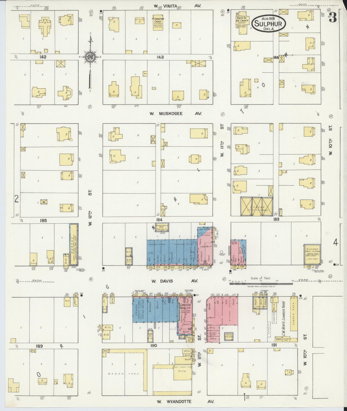 Sanborn Fire Insurance Map from Sulphur, Murray County, Oklahoma (1918), Sheet #0003 - Complete Map Set gallery image, historic Sanborn map, vintage wall art, Oklahoma Oklahoma