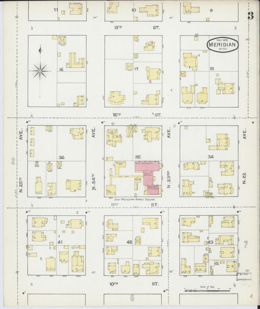 Sanborn Fire Insurance Map from Meridian, Lauderdale County, Mississippi (1893), Sheet #0003 - Historic Sanborn Fire Insurance Map Print, vintage old map wall art, antique decor, genealogy gift, Mississippi Mississippi map