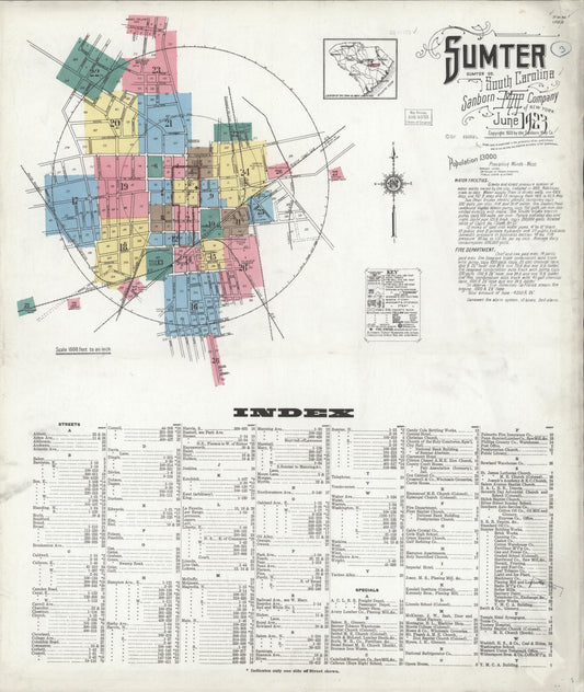 Sanborn Fire Insurance Map from Sumter, Sumter County, South Carolina (1923), Sheet #0001 - Historic Sanborn Fire Insurance Map Print, vintage old map wall art, antique decor, genealogy gift, South Carolina South Carolina map