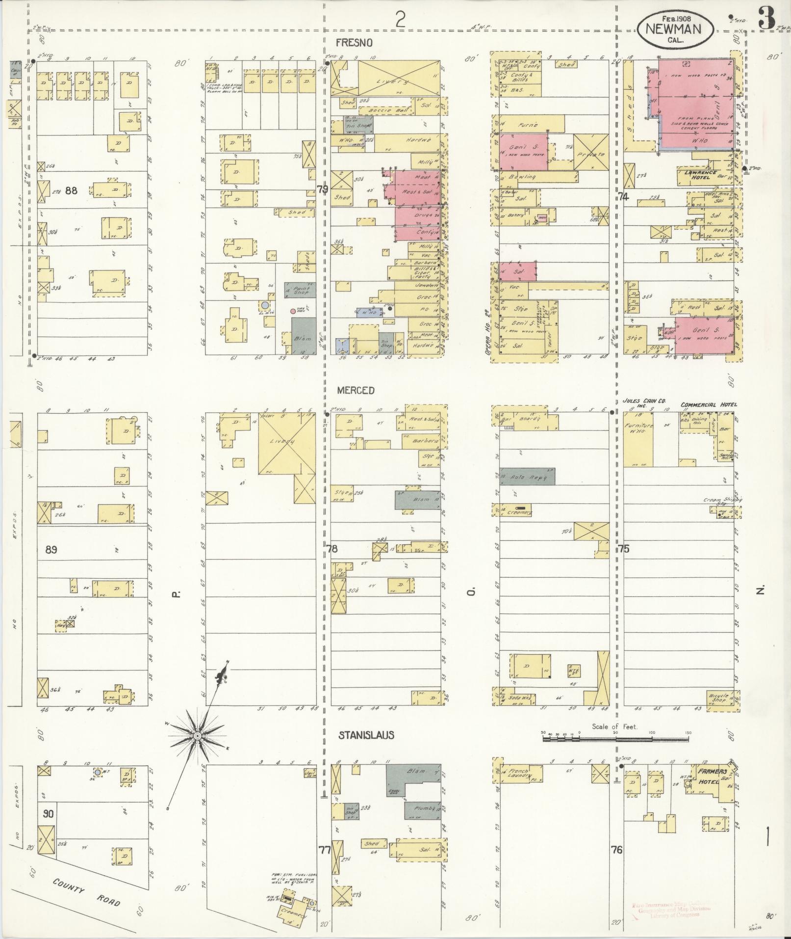 Sanborn Fire Insurance Map from Newman, Stanislaus County, California (1908), Sheet #0003 - Complete Map Set gallery image, historic Sanborn map, vintage wall art, California California