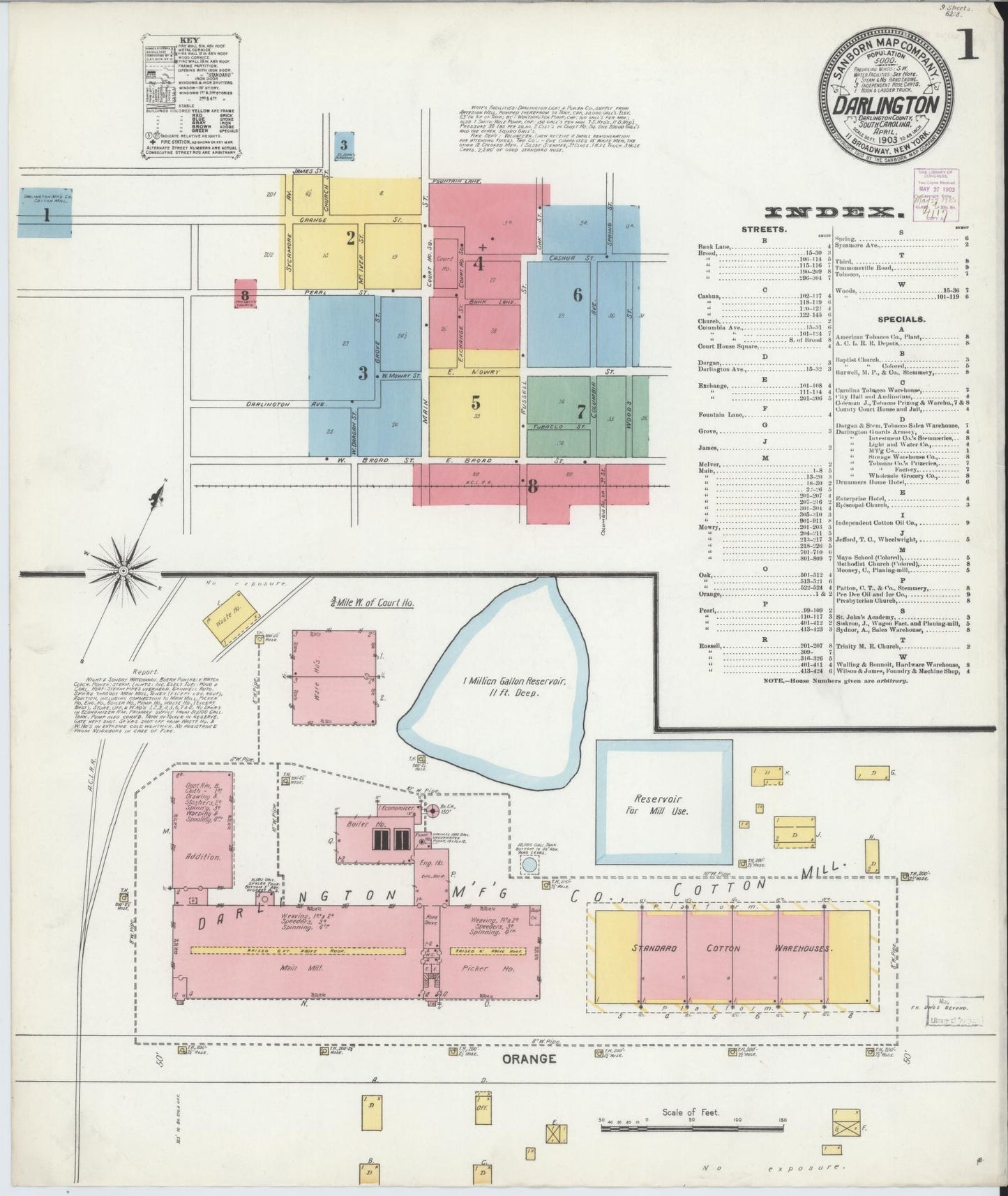 Sanborn Fire Insurance Map from Darlington, Darlington County, South Carolina (1903), Sheet #0001 - Complete Map Set gallery image, historic Sanborn map, vintage wall art, South Carolina South Carolina