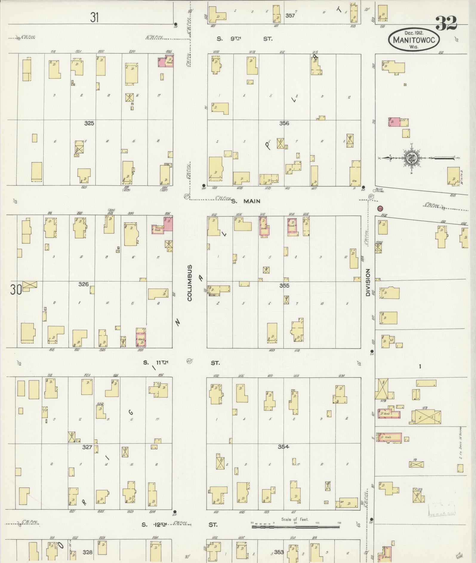 Sanborn Fire Insurance Map from Manitowoc, Manitowoc County, Wisconsin (1912), Sheet #0032 - Historic Sanborn Fire Insurance Map Print, vintage old map wall art, antique decor, genealogy gift, Wisconsin Wisconsin map