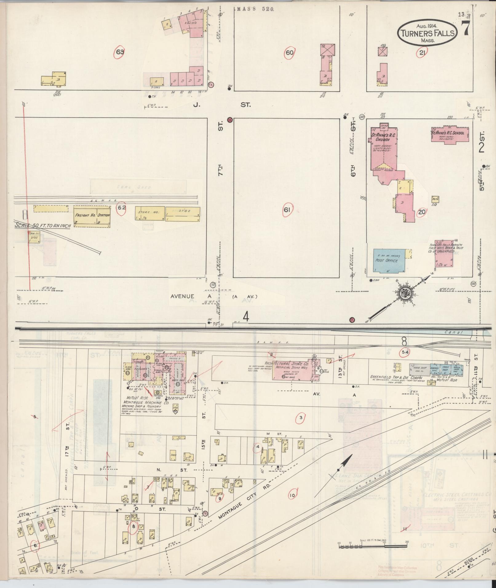 Sanborn Fire Insurance Map from Turners Falls, Franklin County, Massachusetts (1940), Sheet #0007 - Historic Sanborn Fire Insurance Map Print, vintage old map wall art, antique decor, genealogy gift, Massachusetts Massachusetts map