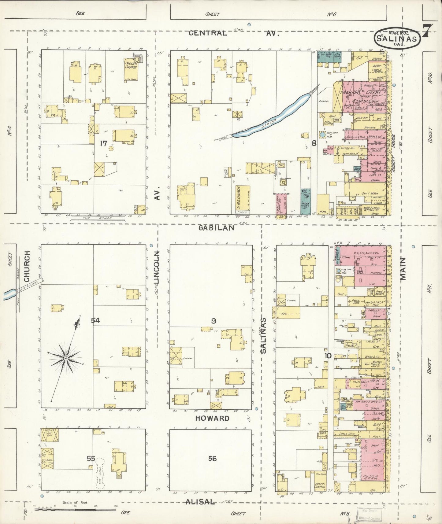 Sanborn Fire Insurance Map from Salinas, Monterey County, California (1892), Sheet #0007 - Complete Map Set gallery image, historic Sanborn map, vintage wall art, California California