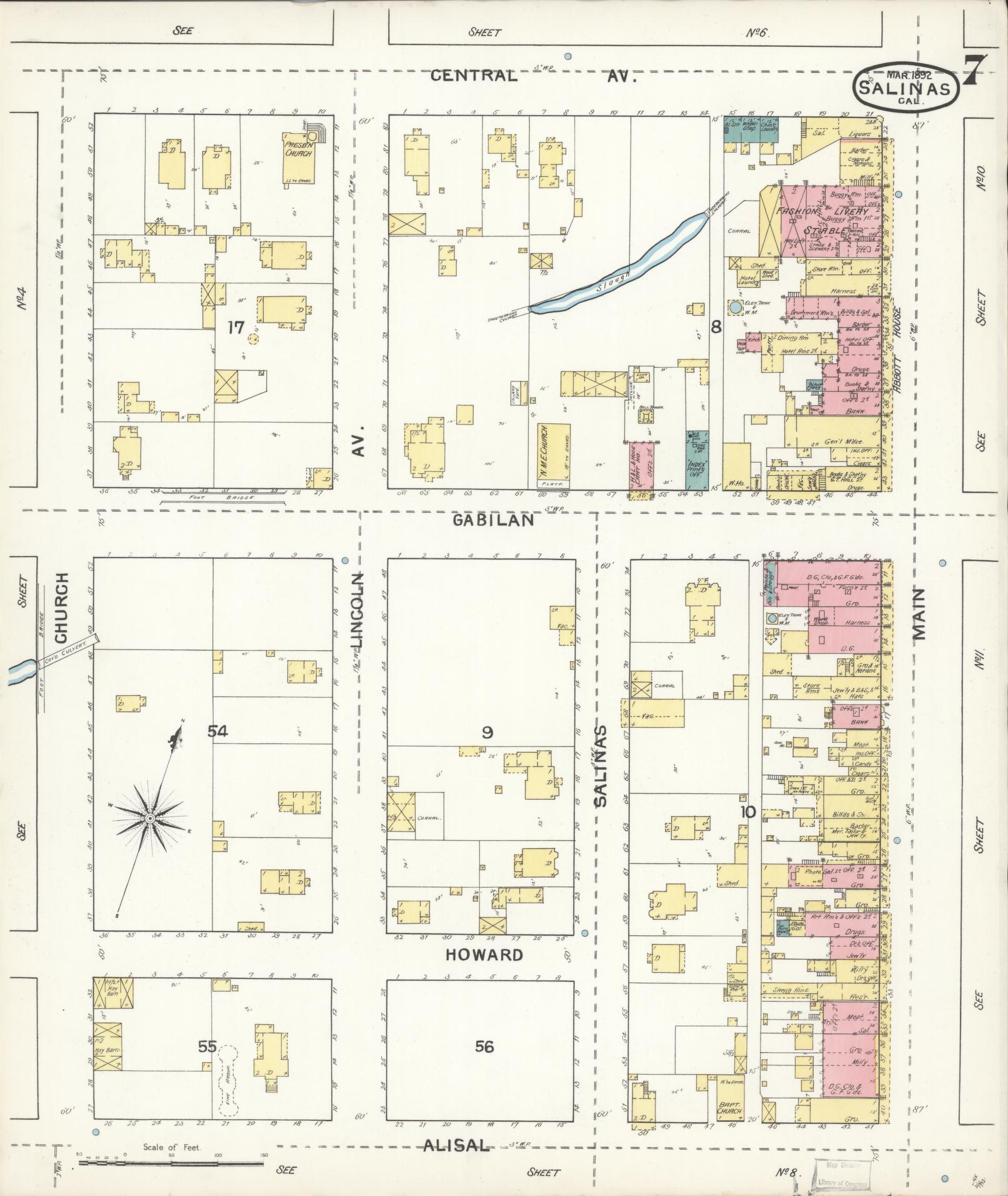 Sanborn Fire Insurance Map from Salinas, Monterey County, California (1892), Sheet #0007 - Complete Map Set gallery image, historic Sanborn map, vintage wall art, California California