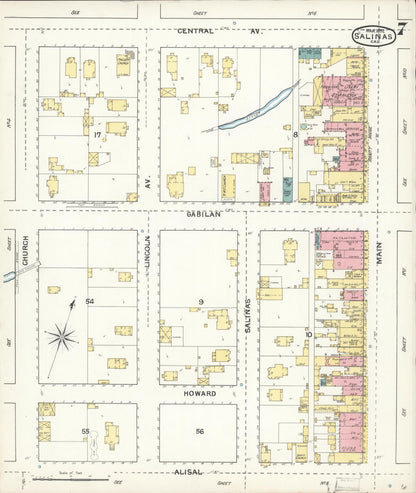 Sanborn Fire Insurance Map from Salinas, Monterey County, California (1892), Sheet #0007 - Complete Map Set gallery image, historic Sanborn map, vintage wall art, California California