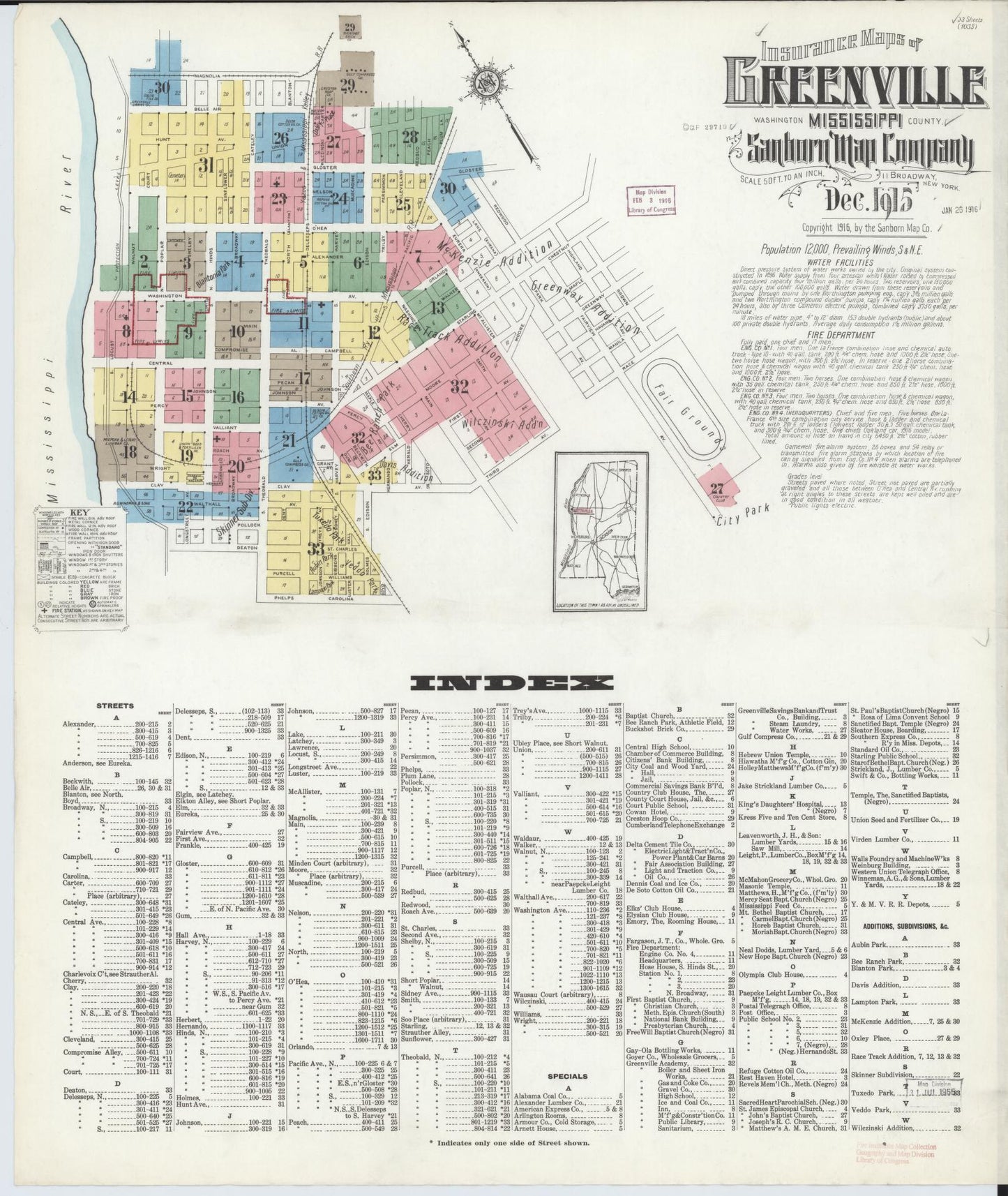 Sanborn Fire Insurance Map from Greenville, Washington County, Mississippi (1915), Sheet #0001 - Complete Map Set gallery image, historic Sanborn map, vintage wall art, Mississippi Mississippi