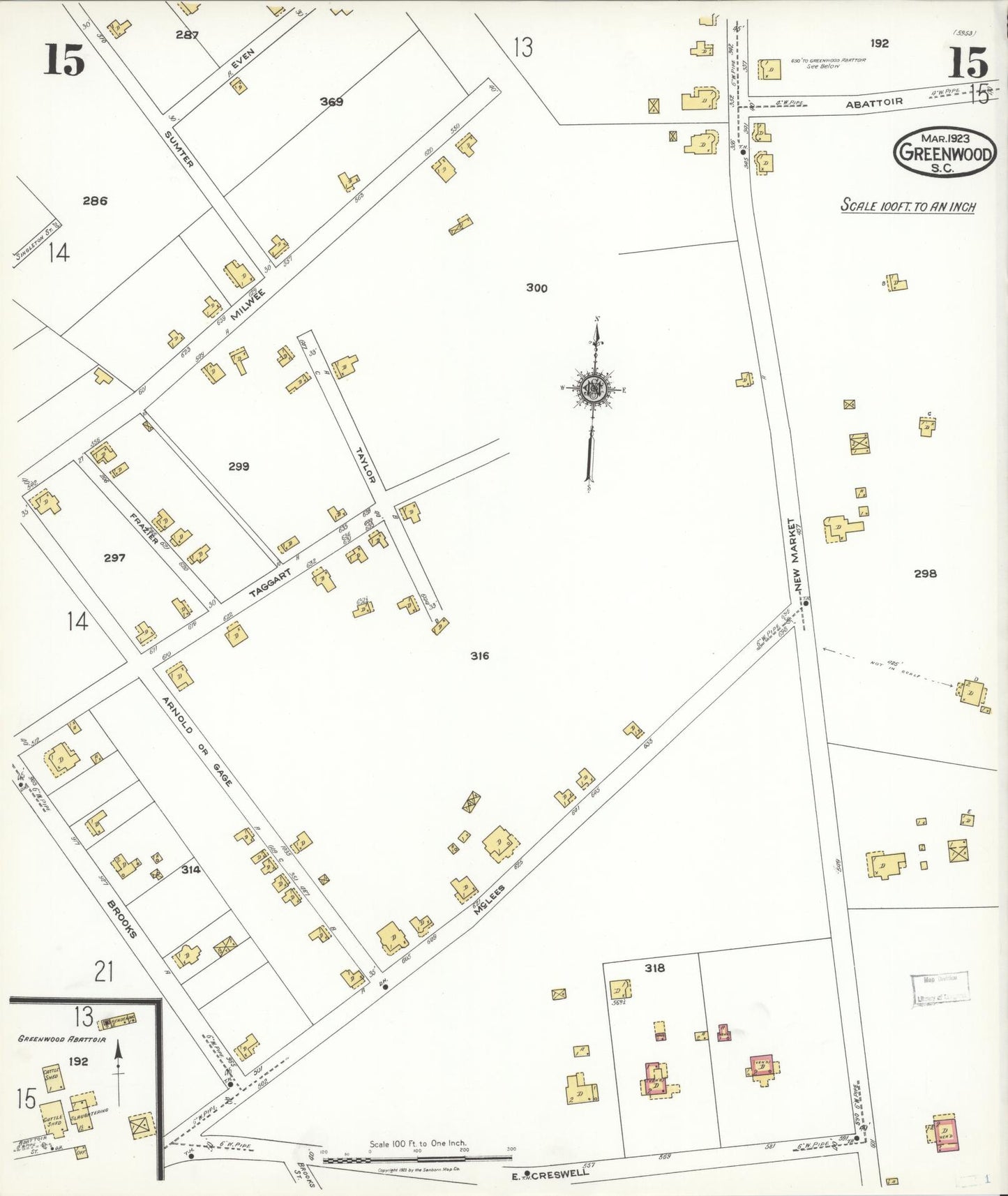 Sanborn Fire Insurance Map from Greenwood, Greenwood County, South Carolina (1923), Sheet #0015 - Complete Map Set gallery image, historic Sanborn map, vintage wall art, South Carolina South Carolina