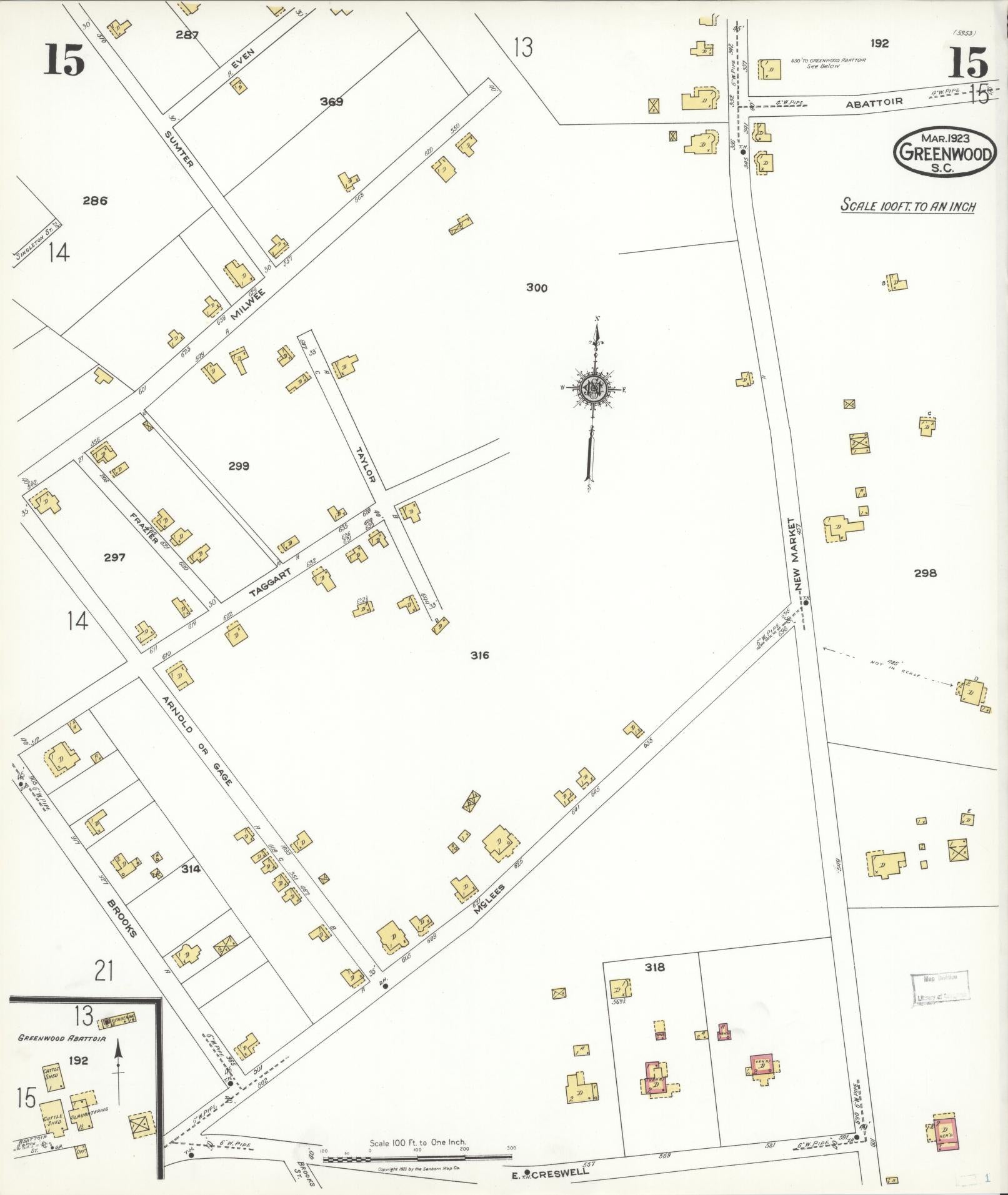Sanborn Fire Insurance Map from Greenwood, Greenwood County, South Carolina (1923), Sheet #0015 - Complete Map Set gallery image, historic Sanborn map, vintage wall art, South Carolina South Carolina