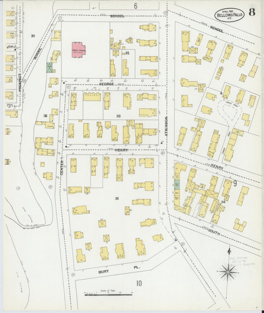 Sanborn Fire Insurance Map from Bellows Falls, Windham County, Vermont (1901), Sheet #0008 - Historic Sanborn Fire Insurance Map Print, vintage old map wall art, antique decor, genealogy gift, Vermont Vermont map