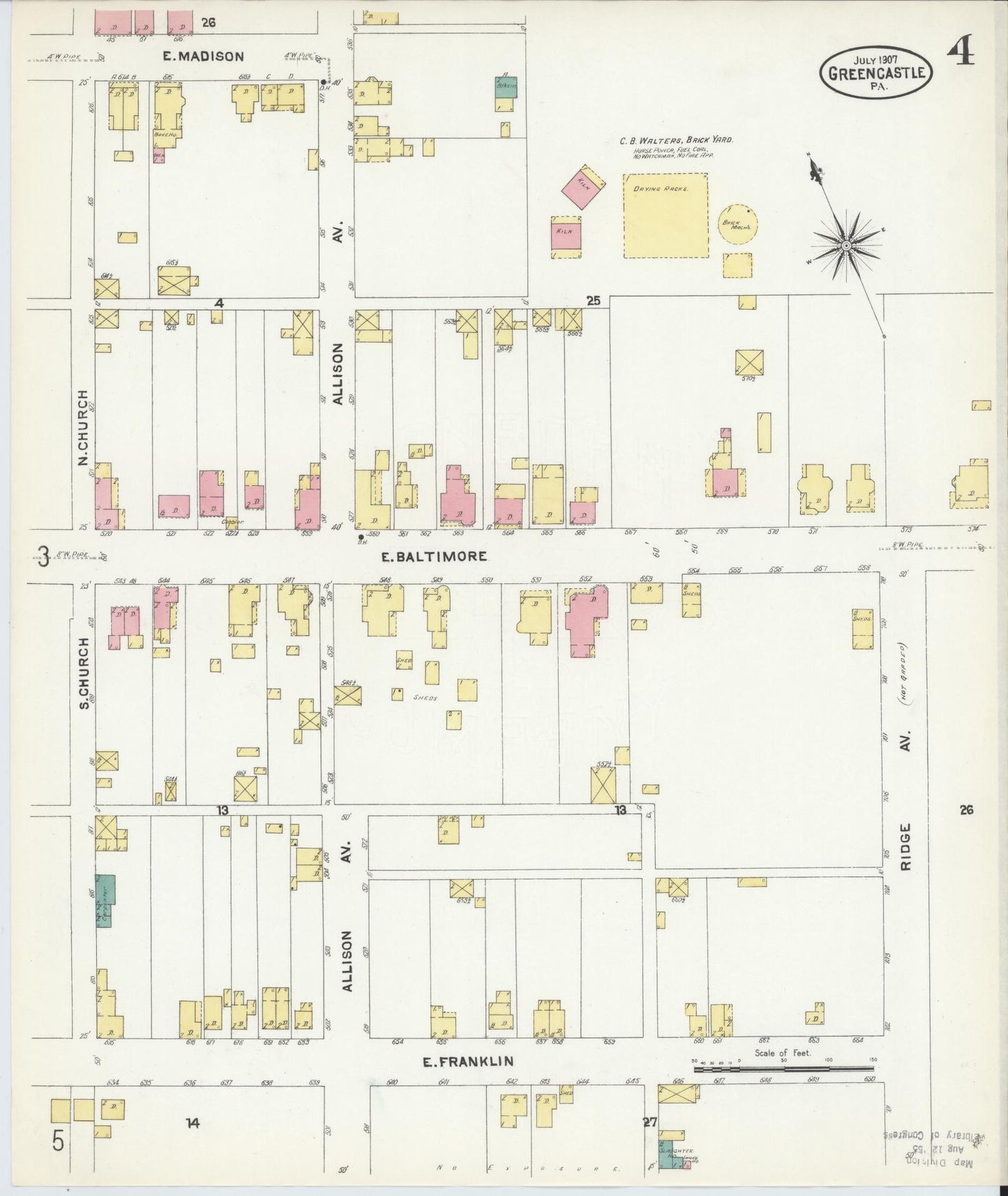 Sanborn Fire Insurance Map from Greencastle, Franklin County, Pennsylvania (1907), Sheet #0004 - Historic Sanborn Fire Insurance Map Print, vintage old map wall art, antique decor, genealogy gift, Pennsylvania Pennsylvania map