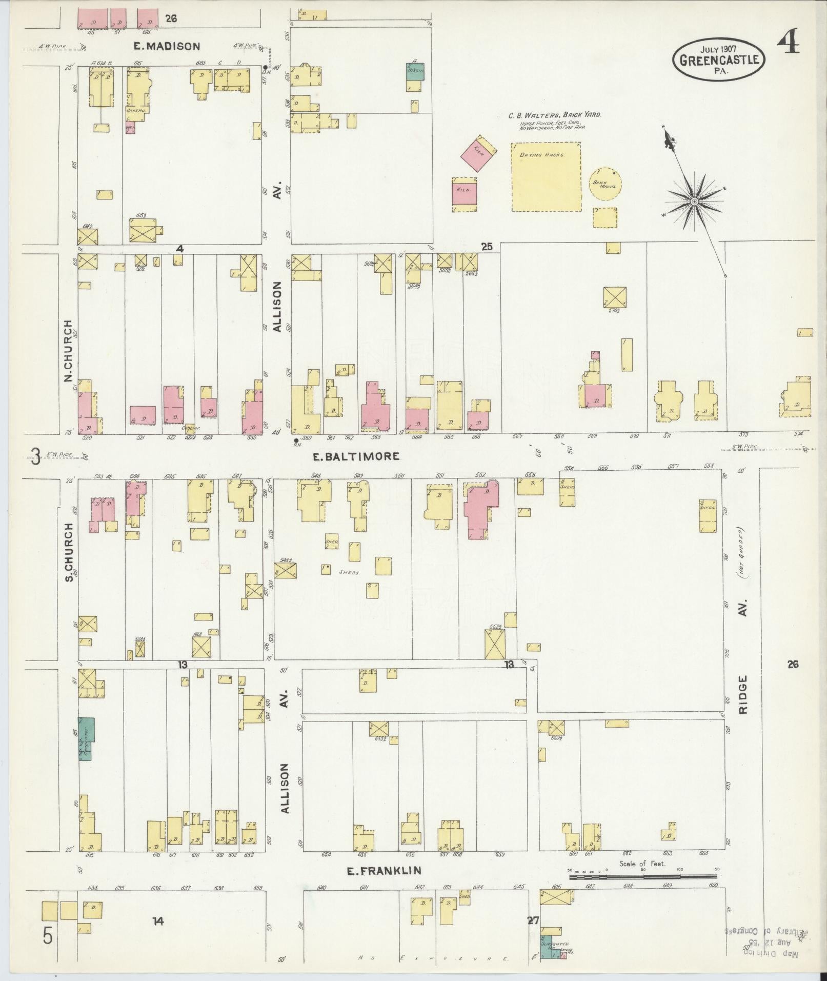 Sanborn Fire Insurance Map from Greencastle, Franklin County, Pennsylvania (1907), Sheet #0004 - Historic Sanborn Fire Insurance Map Print, vintage old map wall art, antique decor, genealogy gift, Pennsylvania Pennsylvania map