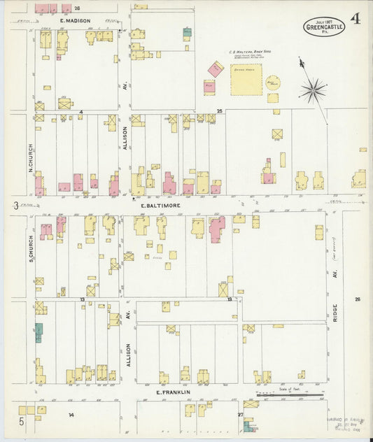 Sanborn Fire Insurance Map from Greencastle, Franklin County, Pennsylvania (1907), Sheet #0004 - Historic Sanborn Fire Insurance Map Print, vintage old map wall art, antique decor, genealogy gift, Pennsylvania Pennsylvania map