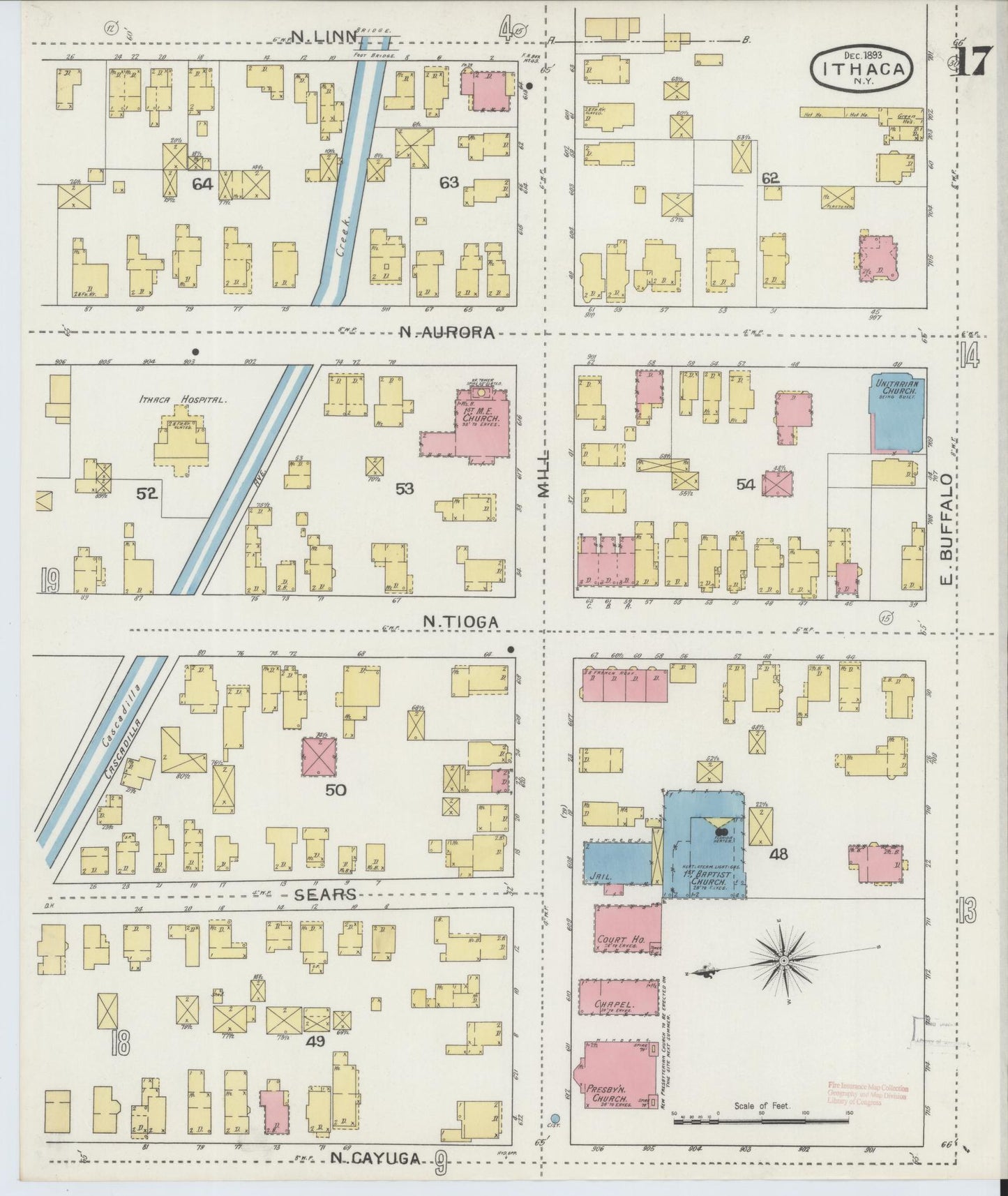 Sanborn Fire Insurance Map from Ithaca, Tompkins County, New York (1893), Sheet #0017 - Historic Sanborn Fire Insurance Map Print, vintage old map wall art, antique decor, genealogy gift, New York New York map
