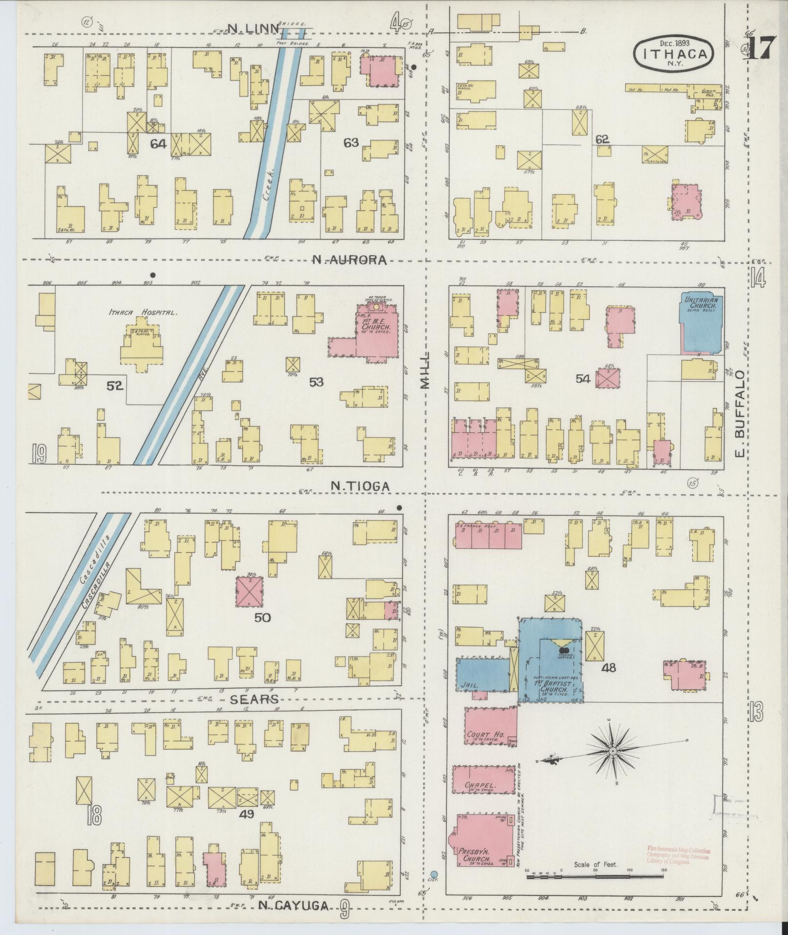 Sanborn Fire Insurance Map from Ithaca, Tompkins County, New York (1893), Sheet #0017 - Historic Sanborn Fire Insurance Map Print, vintage old map wall art, antique decor, genealogy gift, New York New York map